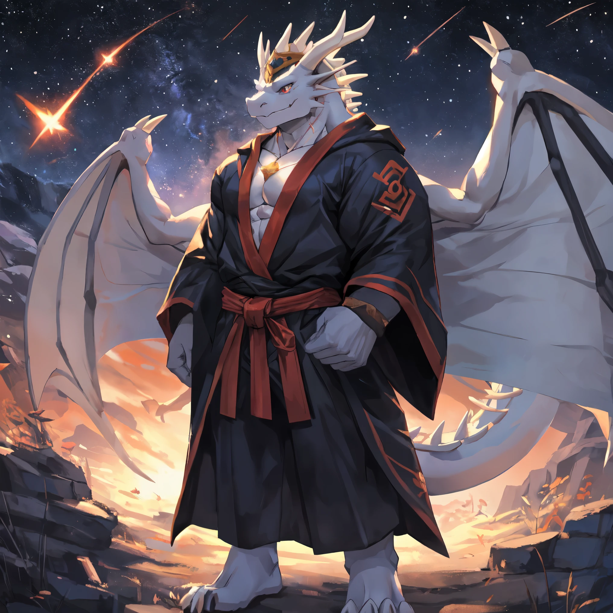 (Anime character wearing a gorgeous robe),(There is a scar on the arm), Make powerful moves,(SFW) Work, Jazz and Ross Draw, Popular topics on artstation pixiv, on pixiv, guys, high resolution committee, pixiv, (Male white dragon:1.3), pixiv style, High quality fan art, Highest rated on pixiv, pixiv contest winners,(The pupils of the two eyes are different colors:1.3),(High in the night sky:1.1),The stars shine,magic all around,cloak,Wearing a purple forehead band with stars on her head,solo,(Robust:1.3),(muscle:1.3),covered in wounds,confidence,More details,4k,backlight,(Wings:1.1)
