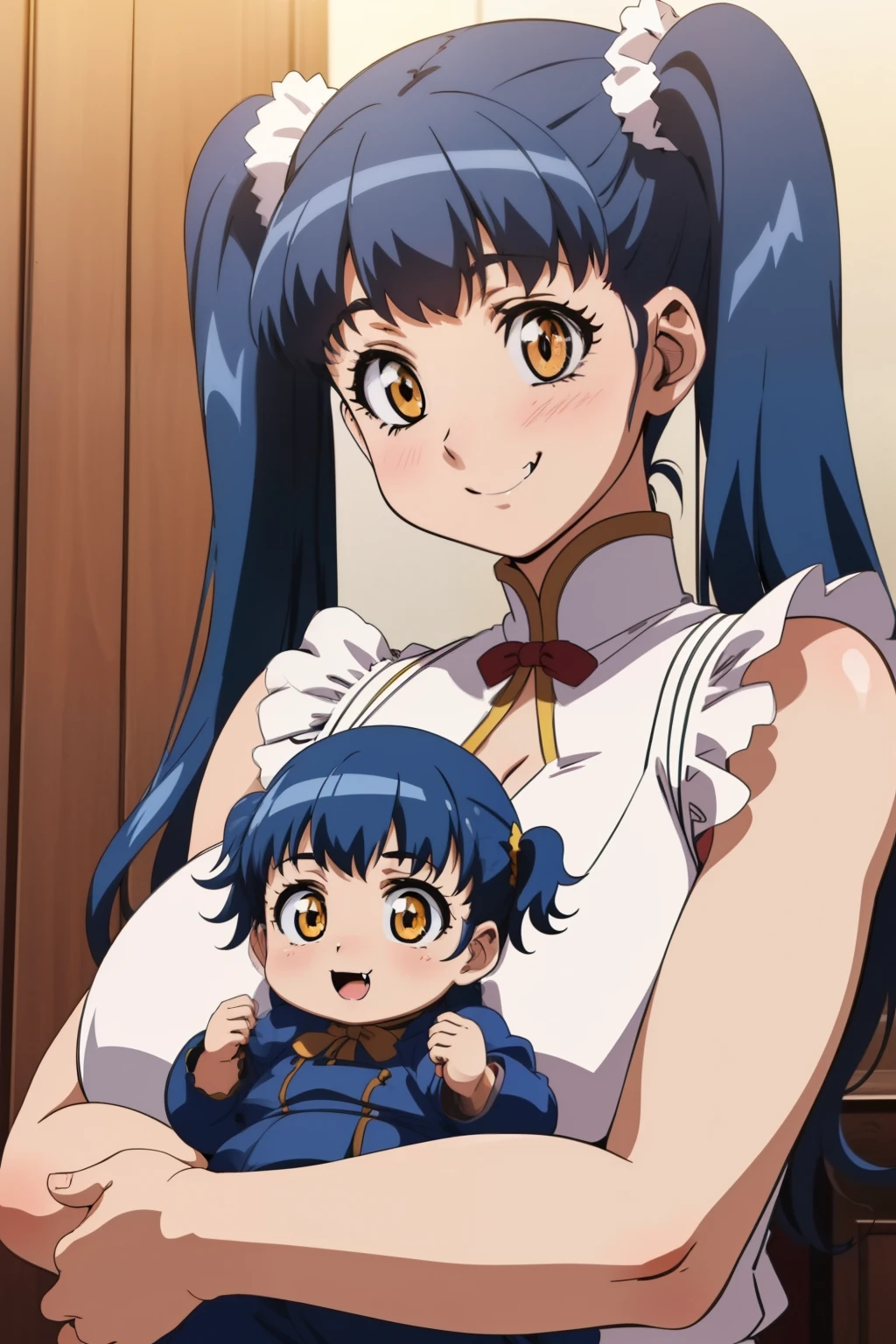 anime colored,blue hair,orange eyes,twin tail,huge breasts,fang,tuile_(gravion),two side up), retro artstyle,fang,(Holding a baby:1.5),Huge breasts,Smile,((house wife)),baby