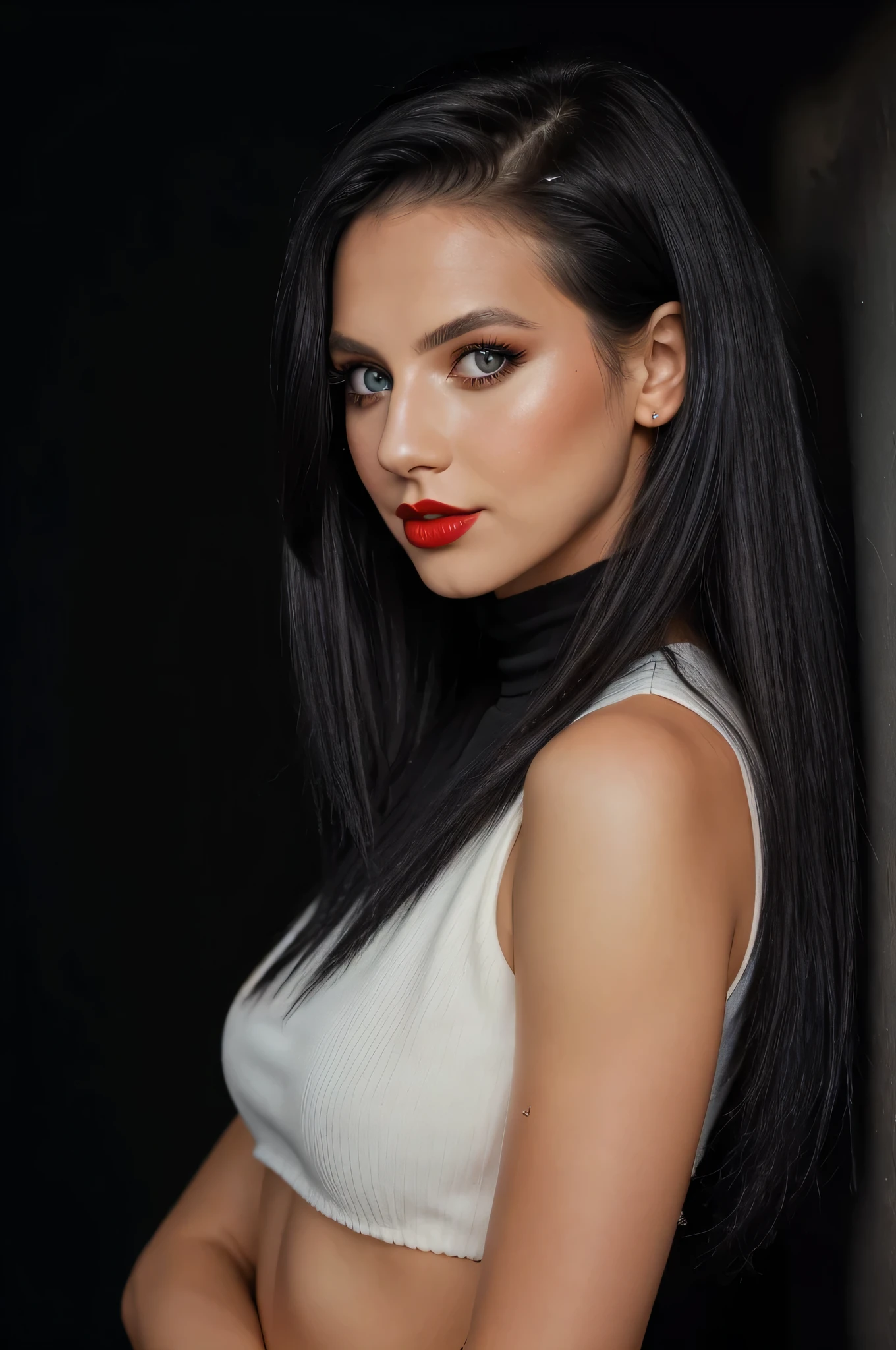 RAW photo of melpel,portrait, high-neck top, long black hair, makeup Red lipstick, full front body, blue eye, spa background,(high detailed skin:1.2), 8k uhd, dslr, soft lighting, high quality, film grain, Fujifilm XT3,