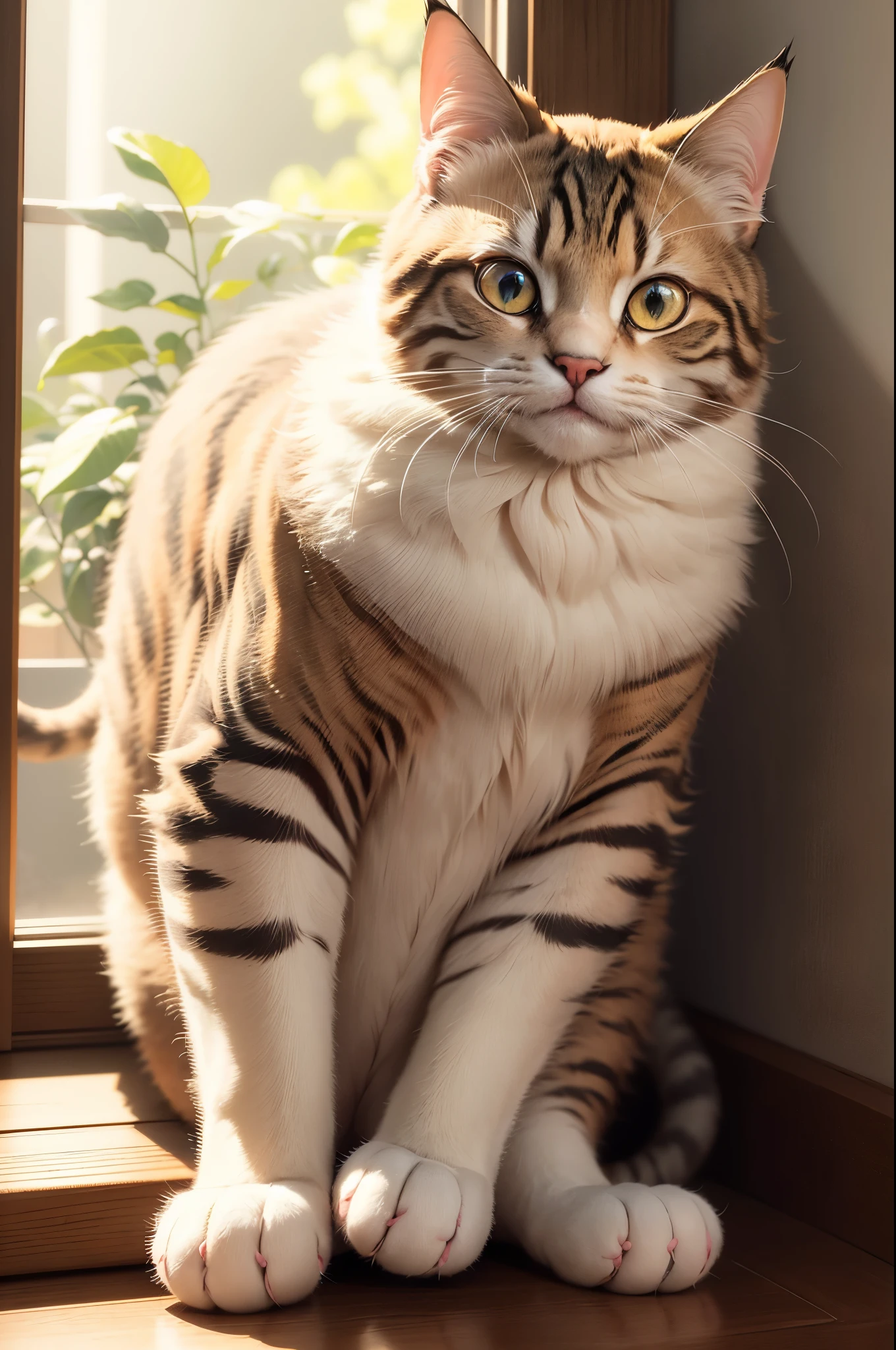(best quality,4K,8k,high resolution,masterpiece:1.2),Super detailed,(actual,photoactual,photo-actual:1.37),Cat,cute eyes,fluffy fur,quizzical gaze,Pink nose,paw,naughty attitude,sitting on a window sill,Sunlight pours in through the windows,The tail sways gently,mischievous expression,golden hour lights,Soft and warm color palette,beard,alert posture,Calm and serene background,Cat silhouette in the window,subtle Cat toys in the corner,expressive facial features,playful shadow,详细的Cat科动物解剖结构,Lush tactile texture,Carefully crafted artwork,actual fur rendering,The colors are vivid and realistic,Happy and contented atmosphere,Carefully crafted composition,perfectly captured essence of a Cat's charm.