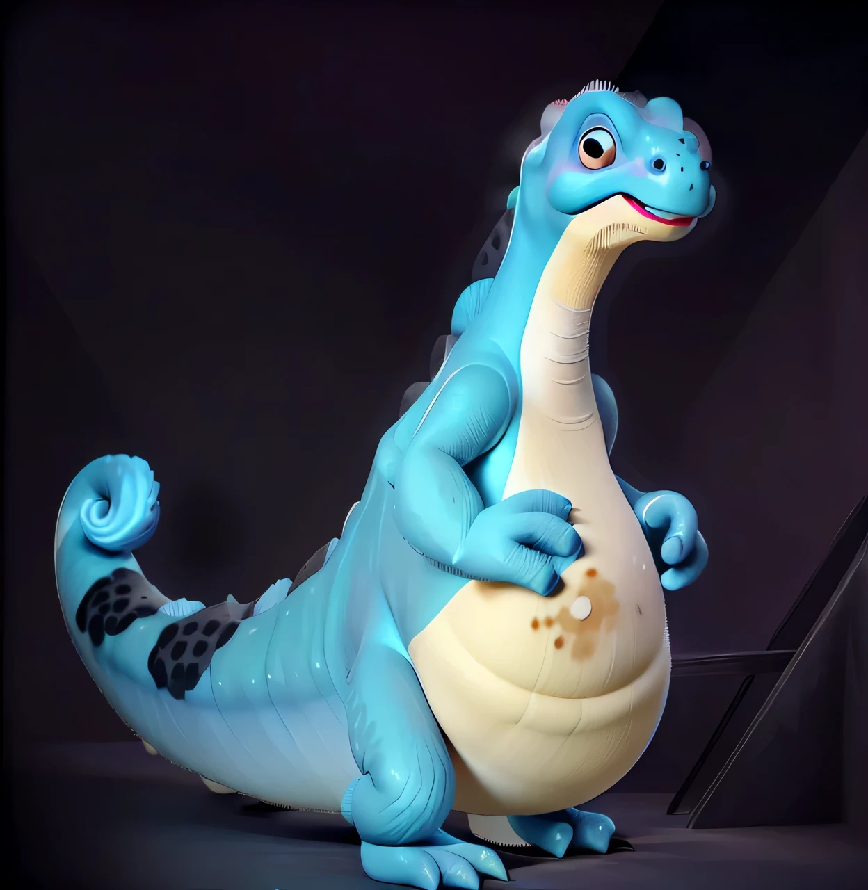 relaxed dinassaur. relaxaurus, ((small black eye)), full black eye, (((round black eye))), white belly, lizard skin, dark blue spots on his back. Reptil, fat dinassaur , dumb face, curled tail tip