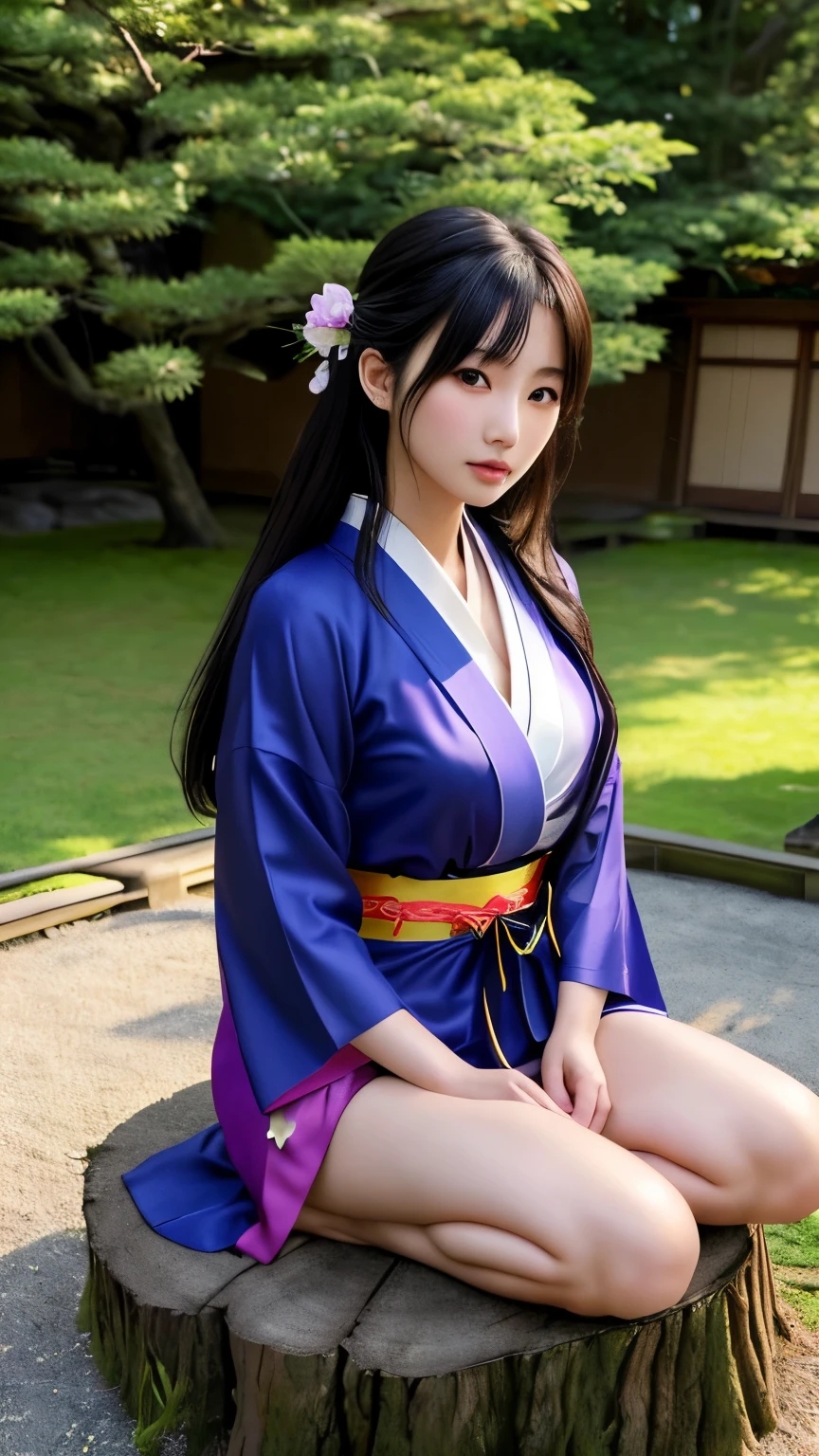 最high quality、high quality、best image quality、8K、最High resolution、High resolution、最high quality、masterpiece、Realistic human body with detailed details、Realistic skin in every detail、Realistic face in every detail、Realistic eyes in every detail、Realistic lips in every detail、Realistic teeth in every detail、Realistic ears with attention to detail、Realistic hair with detailed details、Realistic arms with attention to detail、Realistic hands with attention to detail、Realistic fingers with attention to detail、(fine hands、thumb１reference４)、Realistic legs with attention to detail、Realistic feet with attention to detail、((beautiful japanese girl))、(japanese model), (japanese woman)、((18 year old beautiful girl))、(black hair)、(straight hair)、((whole body))、((Beautiful  directed upwards、Medium chest))、(slim style、slender style)、(whole body光沢肌、Fair skin)、Detailed and realistic human body、detailed realistic skin、detailed realistic face、detailed realistic arms、Detailed realistic fingers、Detailed realistic feet、soft natural light、samurai kimono、maiko kimono、servant、geisha kimono、japanese kimono、Furisode、kimono、Yukata、japanese traditional、Samurai Residence、Japanese garden、((colorful transparent vinyl(flowery kimono、Hakama with side slits))、((sit with your knees bent on a stump in the garden(Pose that makes your thighs look beautiful))