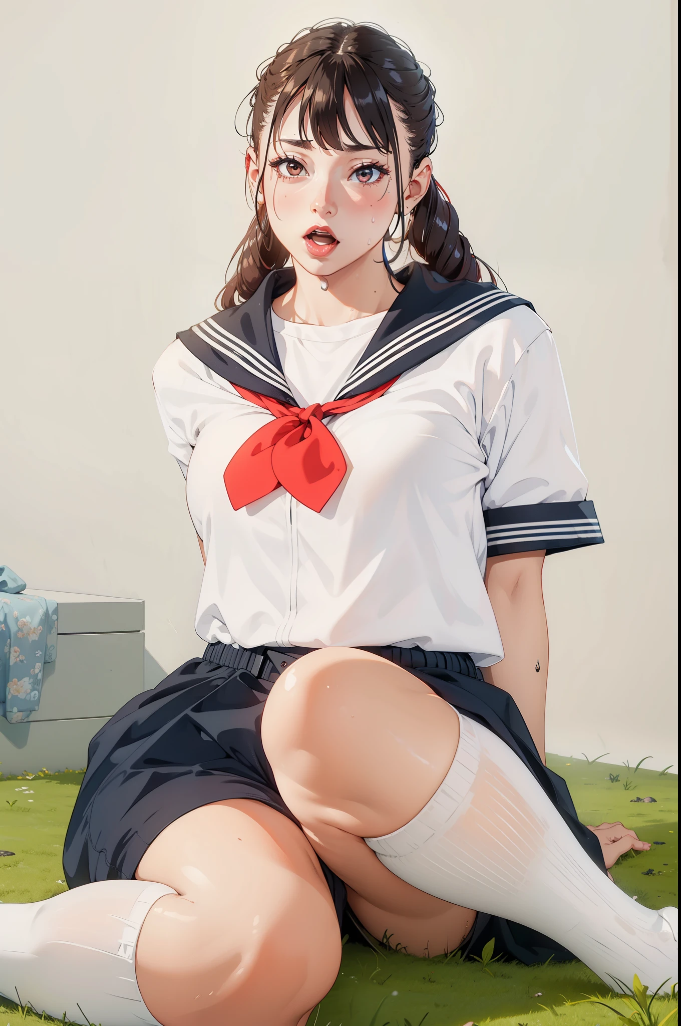 (extremely detailed CG unity 8k wallpaper), (masterpiece), (best quality), (ultra-detailed), (best illustration), (best shadow), (absurdres), 
BREAK
girl, sweat, steam, medium breast, nsfw, shy, looking at viewer, o-face, orgasm face, red lipstick, drill hair, 