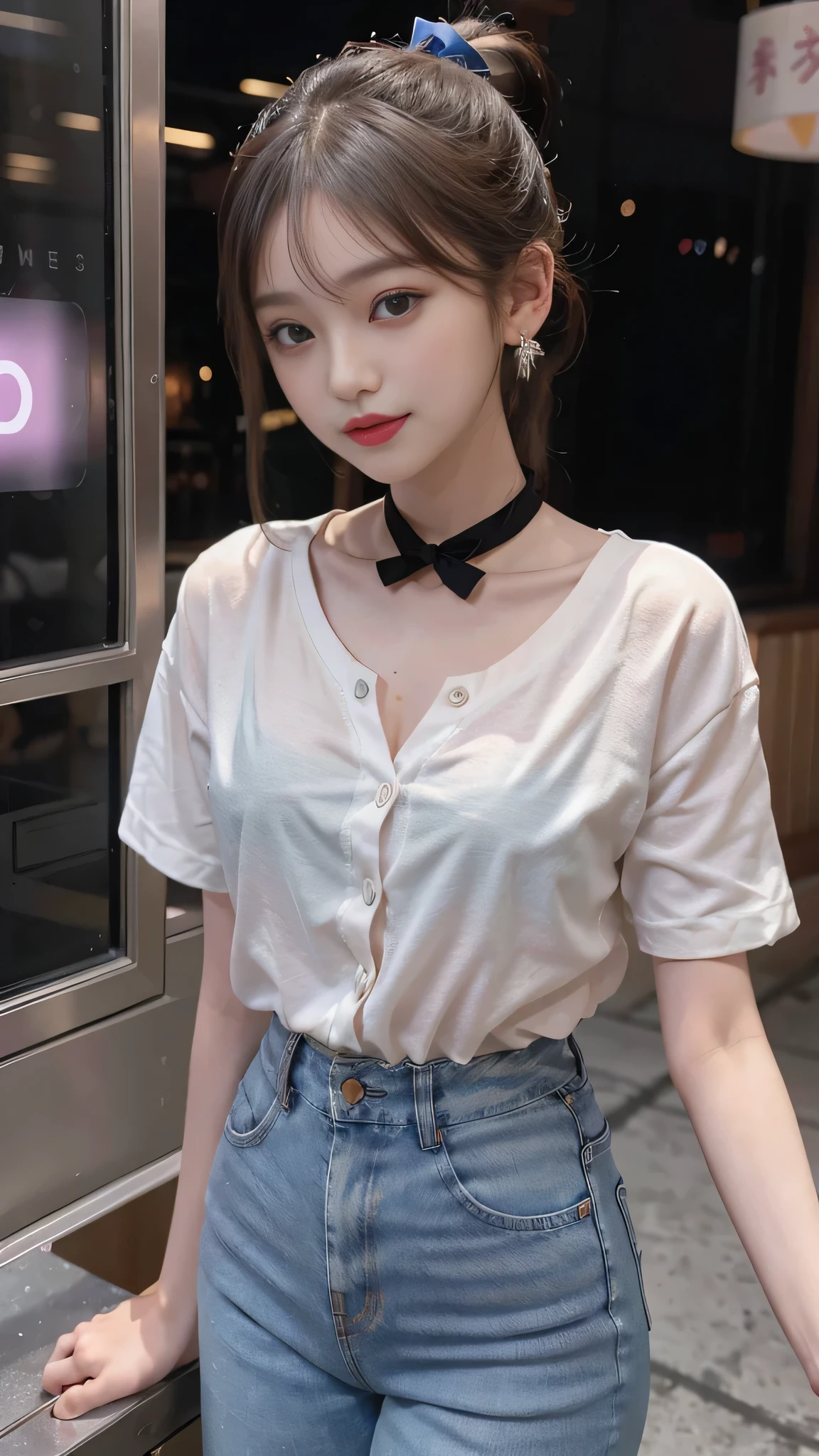 (8k, Photorealistic, Raw photo, Highest quality: 1.4),Japanese idol-style beautiful girl,1 person,17 years old,Hairstyle(Short Bob,Black :1.4),She has her hair tucked behind her ears,Large, clear grey eyes,Long eyelashes,Plump Cheeks,Thin and delicate shoulders,(bra(Pink)Wearing),thin abdomen,(She is wearing a plain white short-sleeved blouse((All the buttons on the front are undone and it's completely open..1),(Bra and navel are visible :1.6))),(Pleated skirt(Plaid)Wearing),School classroom,(She is sitting on a desk with her knees bent and her legs wide apart :2.0)),(View from below),Full body portrait