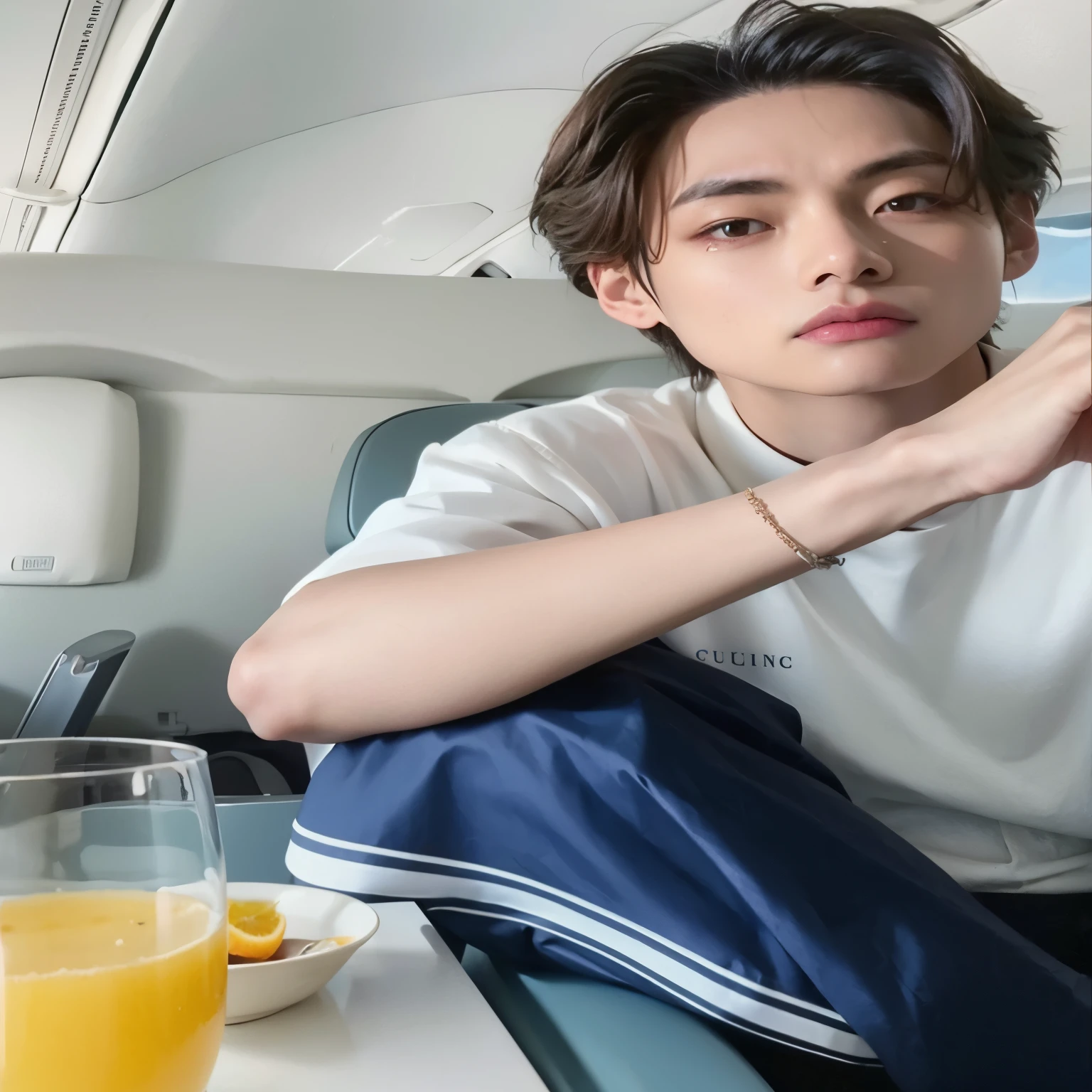 there is a man sitting on a plane with a glass of orange juice, Taehyung comendo batatas fritas Gucci, cai xukun, Jung Jaehyun, THV, hyung tae, imagem de perfilture, Kim Taehyung, imagem de perfil, pintar ulzzang, taejune kim, Kim Taehyung, BTS, young pale angel, beautiful aesthetics