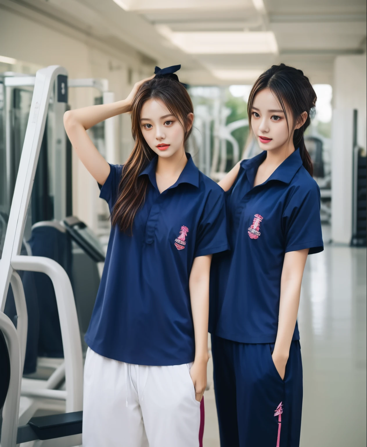 3 girls in fitness center, Navy blue short-sleeved shirt,Navy Long Trackpant,Sweatpants, Sweatpantsขายาว,25 year old girl, lesbian, sexy, exercise clothes, wet body, exercise clothes