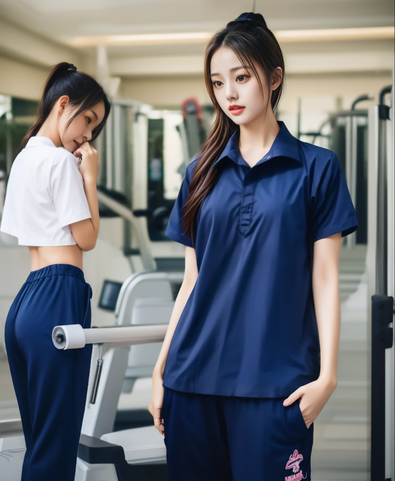 3 girls in fitness center, Navy blue short-sleeved shirt,Navy Long Trackpant,Sweatpants, Sweatpantsขายาว,25 year old girl, lesbian, sexy, exercise clothes, wet body, exercise clothes