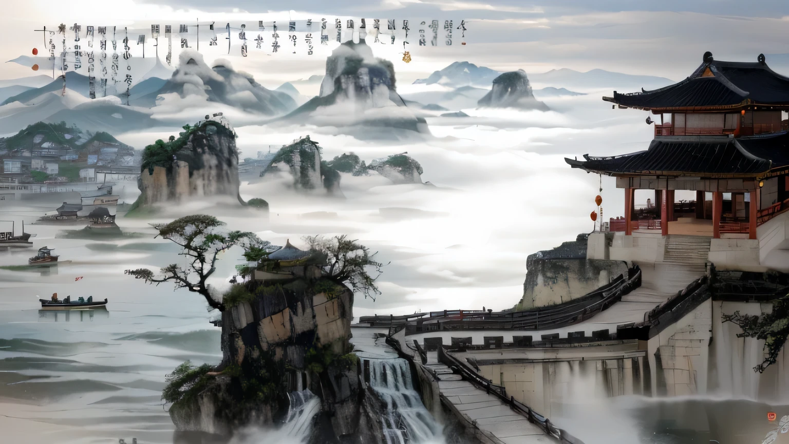 Alafed landscape with waterfall and pagoda on the mountain, exquisite Mathil绘画, high quality Mathil绘画, Chinese scenery, Detailed Landscape - Width 672, simple, Mathil绘画 scenery, amazing exquisite Mathil, a beuatiful Mathil, Chinese fantasy, the taoist temples of huangshan, ( Mathil, Taoist temple and monks