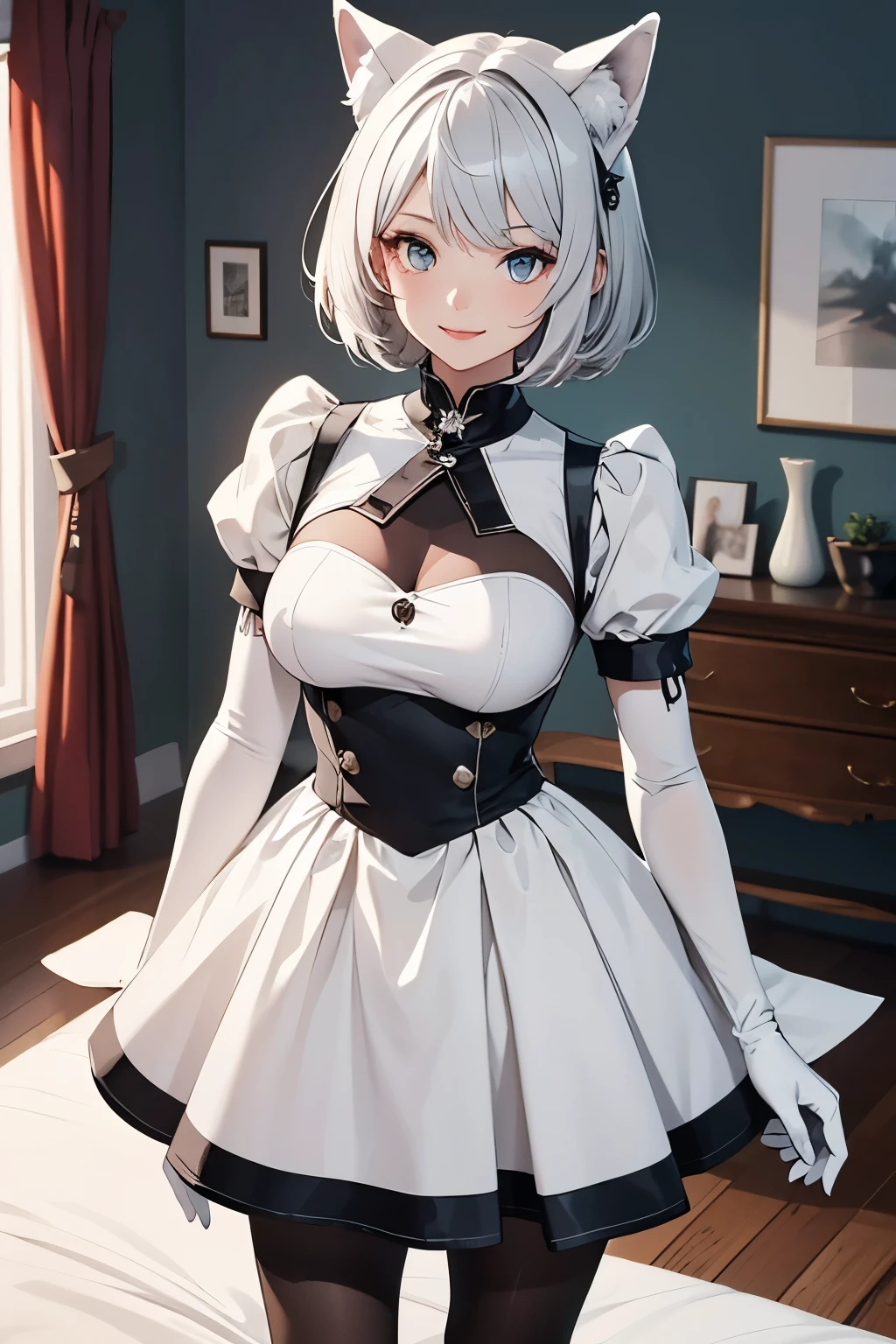 table top High level image quality best image quality 8K adult lady(I) portrait Long gloves in white(long gloves)) white pantyhose black dress(mini skirt) White wolf ears short hair((shortcut)(gray hair)(perm)(fluffy)) eye color is blue smile With background(Bedroom)