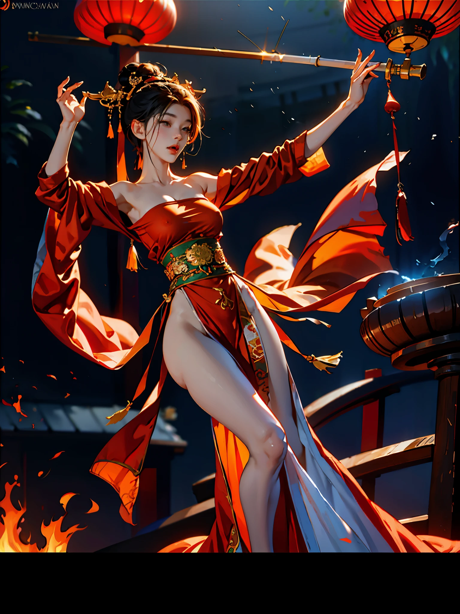 Fisheye lens with flames in the background, Chinese girl dancing sword, Dressed in a Tang costume, one person, Upward light, Ray tracing, rim light, glow effect, exaggerated movements, exaggerated perspectives, orange, green, Realistic and ultra-fine rendering style, Super details, mixer, octagon ending