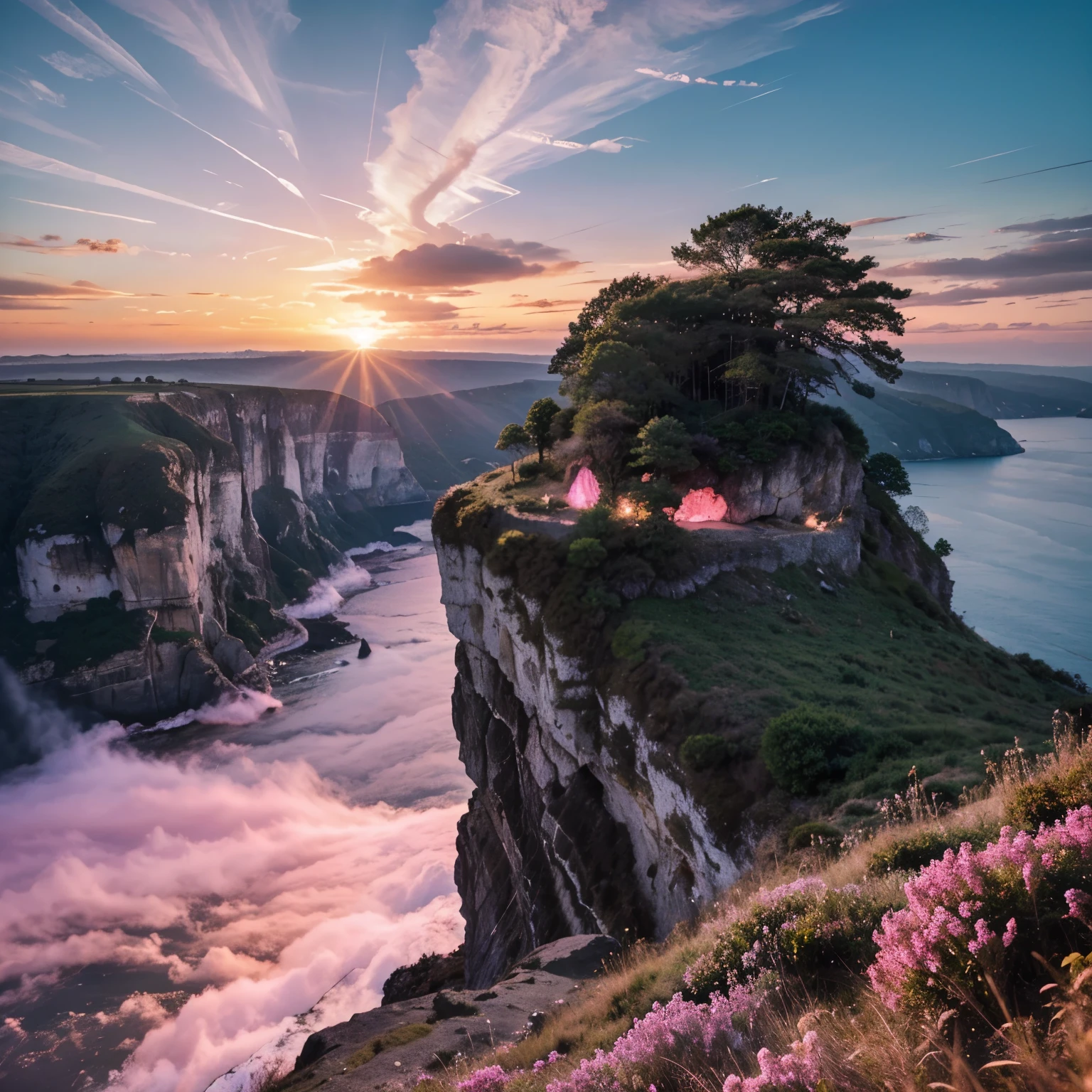 Beautiful scenery of a cliff, pink glowing aura in the sky,high quality 