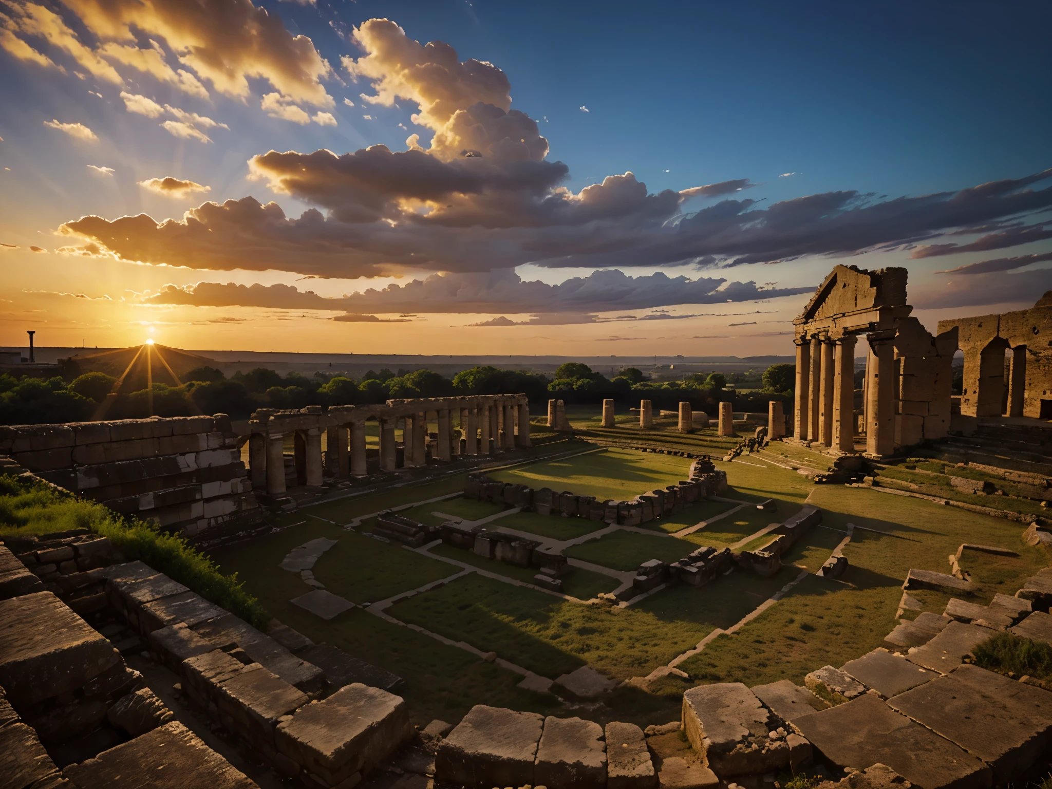(masterpiece, best quality), best resolution, ancient city ruins at sunset, extreme wide shot