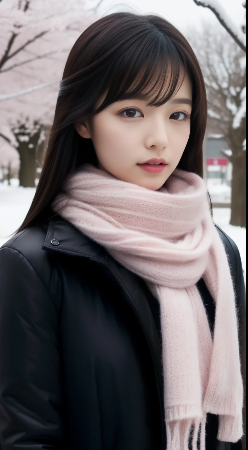 1 supermodel Japanese girl,Japan Highway Background,cherry blossom tree background,outdoor,Half-length photo,mercerized hair,Warm white winter clothing,gentle,black hair,straight hair,black eyes,scarf