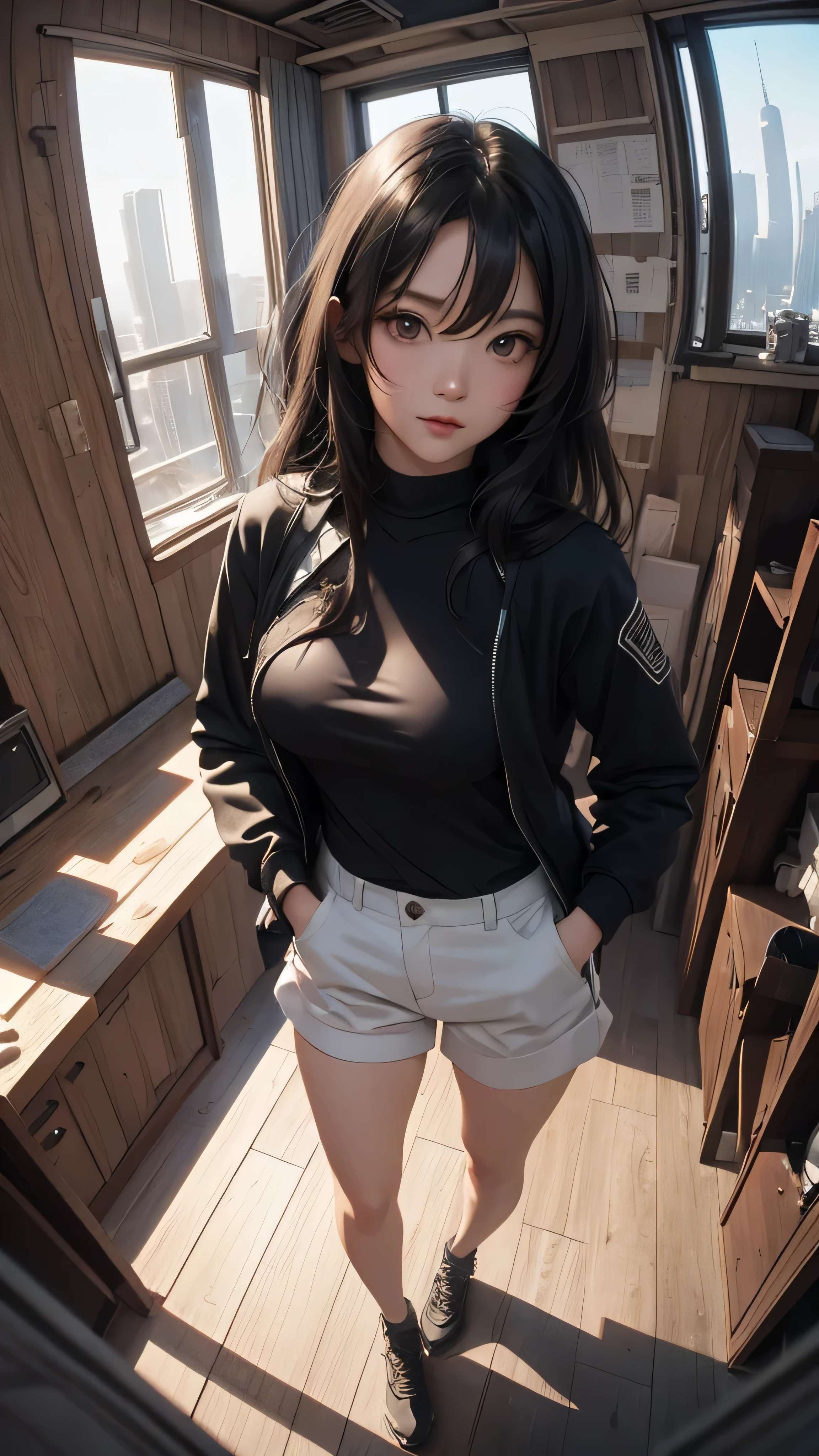 ((Highly detailed CG unit 8k wallpaper, masterpiece, High resolution, highest quality)), (Beautiful woman, put one&#39;Hand in hand&#39;pocket of:1.8, Street fashion), ((highly detailed face, Highly detailed black eyes, detailed body, highest qualityのリアルテクスチャスキン)), (black hair, , white skin, ), (Futuristic abandoned building interior), (high angle:1.2, Fisheye:1.3), surreal, digital painting, concept art,