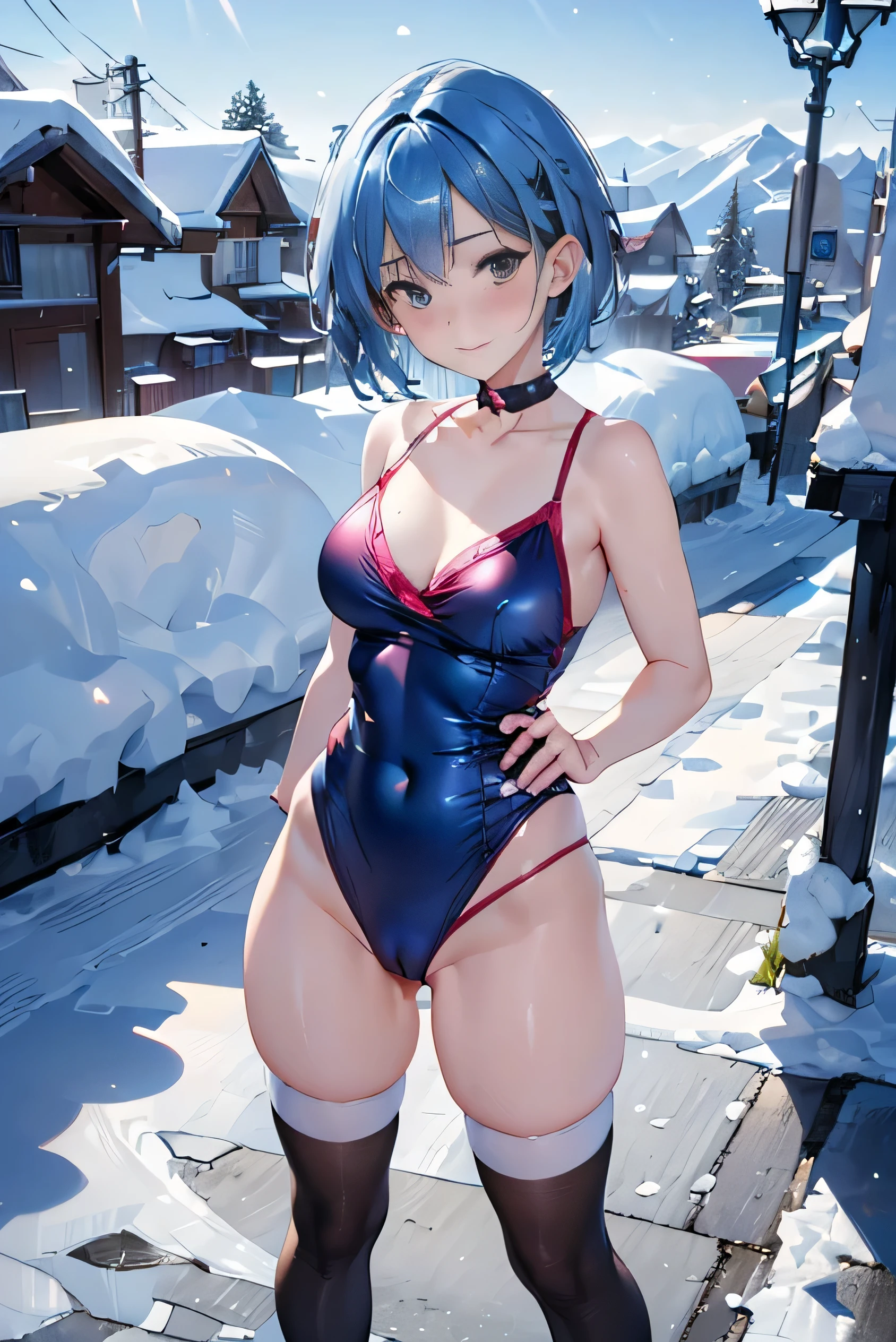 (photorealistic:1.3, highest quality:1.3,8Kmasterpiece:1.4, masterpiece:1.3,High resolution,muste piece:1.2),snow mountainに立つ1人の23歳の女性,bondage fashion,(red swimsuit,choker,stockings,boots), beautiful skin, (looking at the camera:1.2),(Photo seen from the front bottom:1.3),(Short Hair:1.2,bright blue hair:1.5), expression(Scoffing:1.3,blushing:1.3),(Moderate chest:1.3),Pause(Seductive pose:1.5),background(snow scene:1.5,snow mountain:1.3,Ski resort),(slender, abs:1.2),(Underwear visible through clothing),(Butt visible through clothes),(detailed perfect face),normal hands:1.5,normal finger:1:5,normal feet:1.5,(cameltoe)