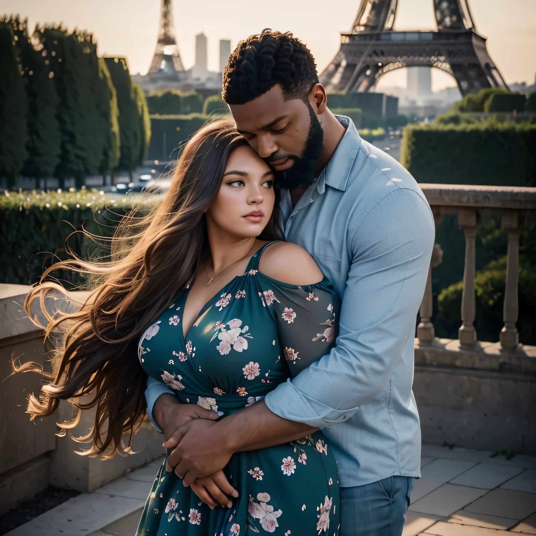Mulher modelo plus size, cabelo castanho claro longo, olhos verdes, Usando um vestido floral azul, being hugged from behind by her boyfriend, Um homem negro alto, 1 metro e oitenta de altura, Cabelo preto, barba cheia, the two are in Paris and the Eiffel Tower in the background, fotografia, otima qualidade, cinematographic, 4k, Foto perfeita, ultra realista