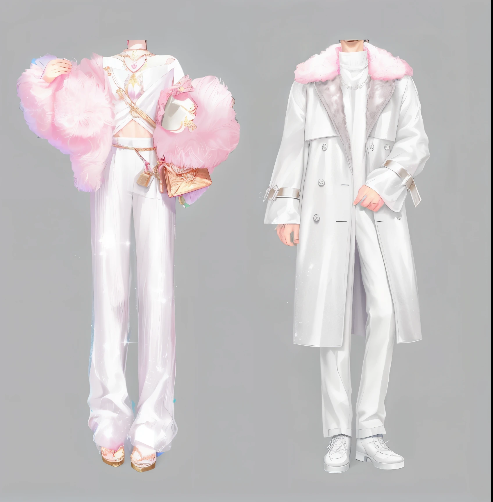 Two people wearing pink fur coats at the fashion show, clear Fashion Design, Moon themed clothing, fashion concept art, Fashion Design, clothing concept, Fashion Designs, Ryan Flash Concept Artist, Detailed clothes, White and light pink clothes, Cotton Cloud Mage Robe, Diverse clothing, fantasy costumes, Very detailed and rich costumes, full body details