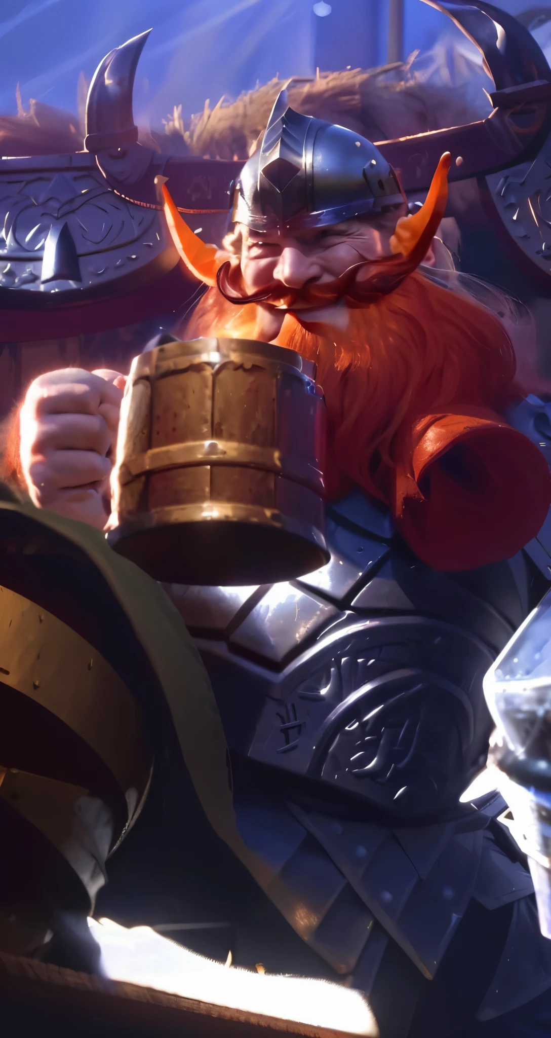 Real life adaption of this character,a man viking, laughing expression, viking helmet,thick orange beard, realistic thick orange moustache,realistic same armor,holding a beer, realistic same outfit, realistic light, realistic shadow, realism, hyper realistic,( photorealistic 1:2)