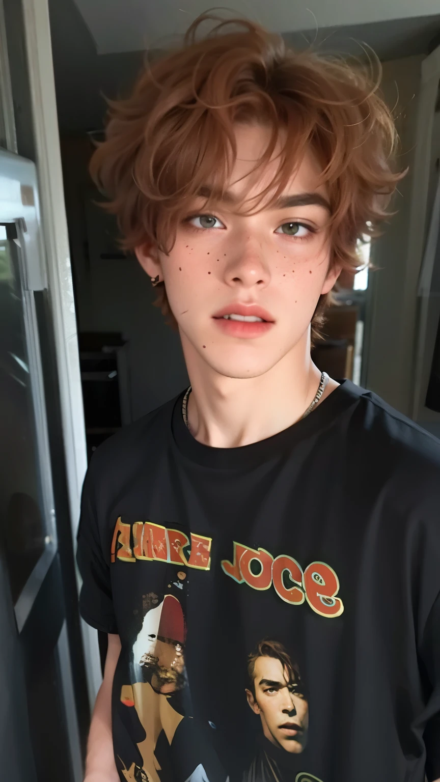 a closeup of a person wearing a shirt and a cell phone, he has short curly brown hair, adolescente pelirrojo, cute pecas, pecas on his face, with pecas, small pecas, pecas!!!, ginger hair with pecas, estilo de seb mckinnon, tommy 1 6 years, su cabello es desordenado y salvaje, red hair and pecas