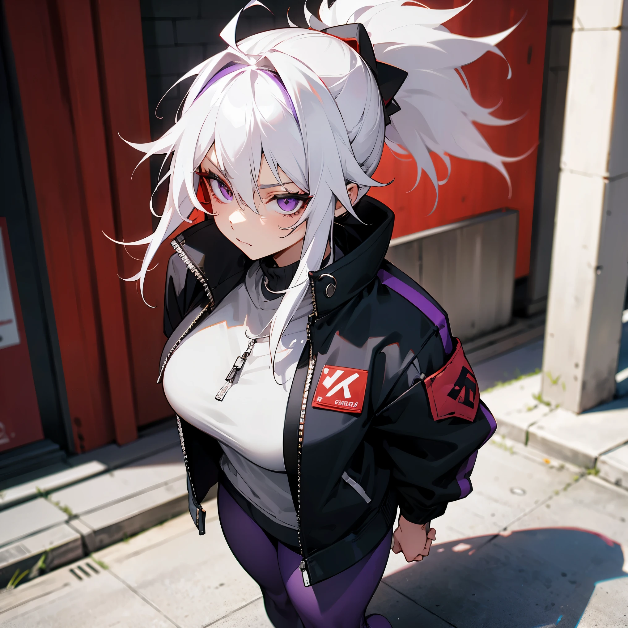 1female , Black Zip Up Jacket , Red Trucker Hat , White Hair , Messy Hair , Ponytail , Leggings , Curvy , Blackish Purple Eyes , Standing on sidewalk , Serious Expression