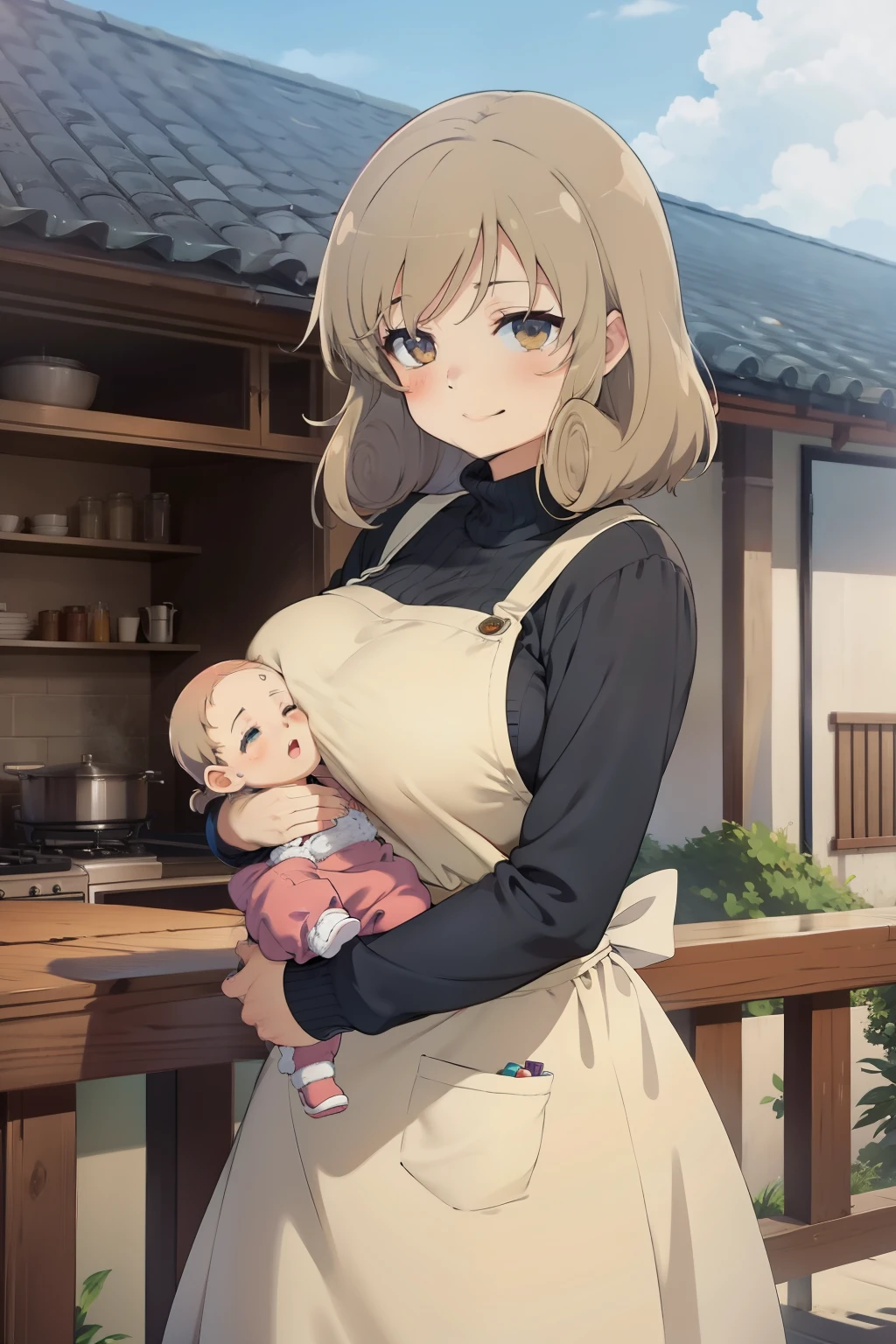 anime colored,haruka (senran kagura),sweater,apron,gigantic breasts,(Holding a baby:1.5),Smile,((house wife)),baby