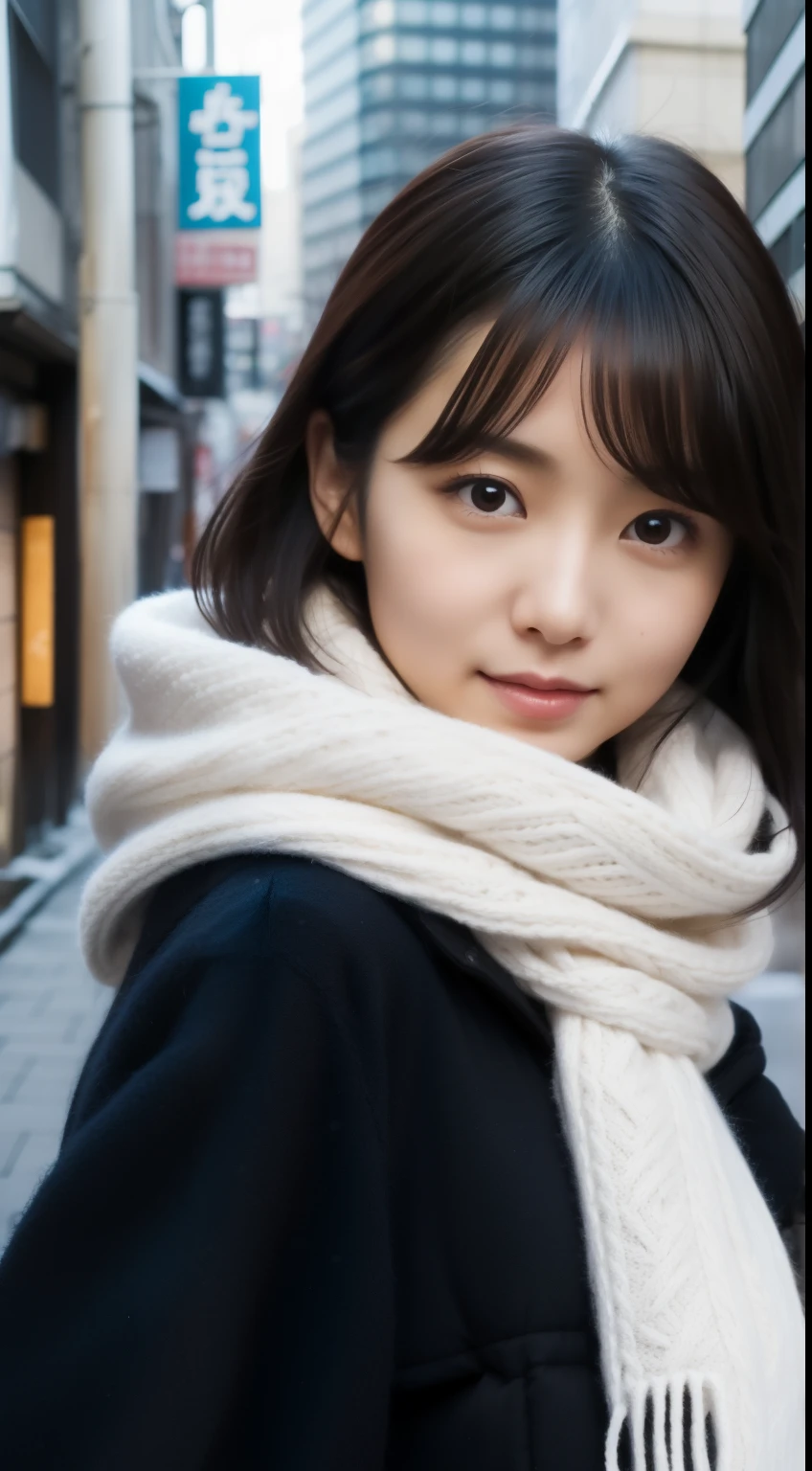 1 supermodel Japanese girl,Japan City Background,Half-length photo,mercerized hair,Warm white winter clothing,gentle,black hair,straight hair,black eyes,scarf,Beautiful facial lighting