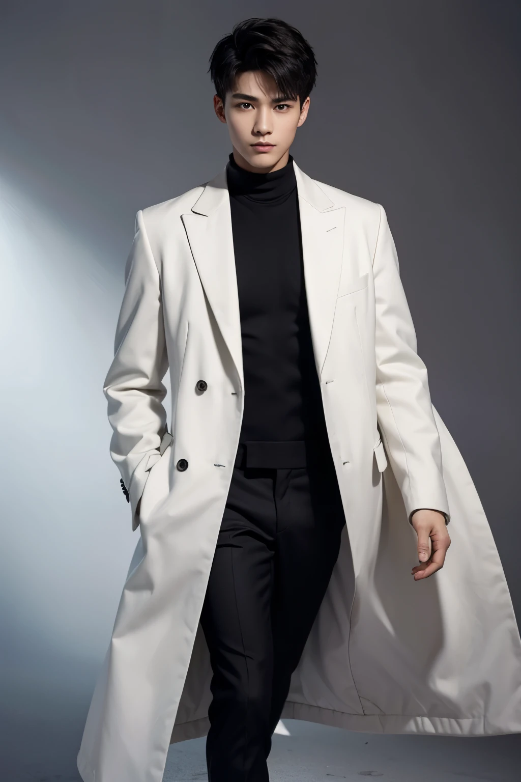 high resolution、high details、High precision、High resolution、accurate body、accurate arms、precise fingers、Precise feet、Male, 21 years old、black short hair、toned body、suit figure、wearing a white coat、