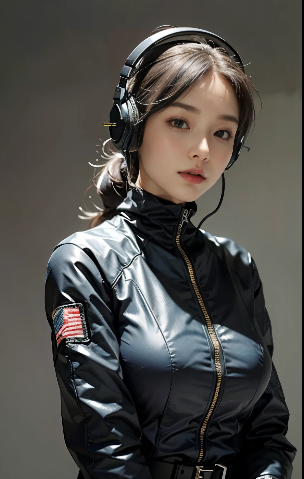 Highest image quality, Excellent details, ultra high resolution, (realism: 1.4), ((close up:0.75)), best illustrations, Offer details, Highly concentrated,Suitable for 1 female, Beautiful and delicate face, perfect proportions, (Slim:0.3, Big breasts), (Put on a racing suit,like, Black-gray mech, Put on high-tech headphones, military belt, hold a rifle), captain, Simple gray wall in the background,