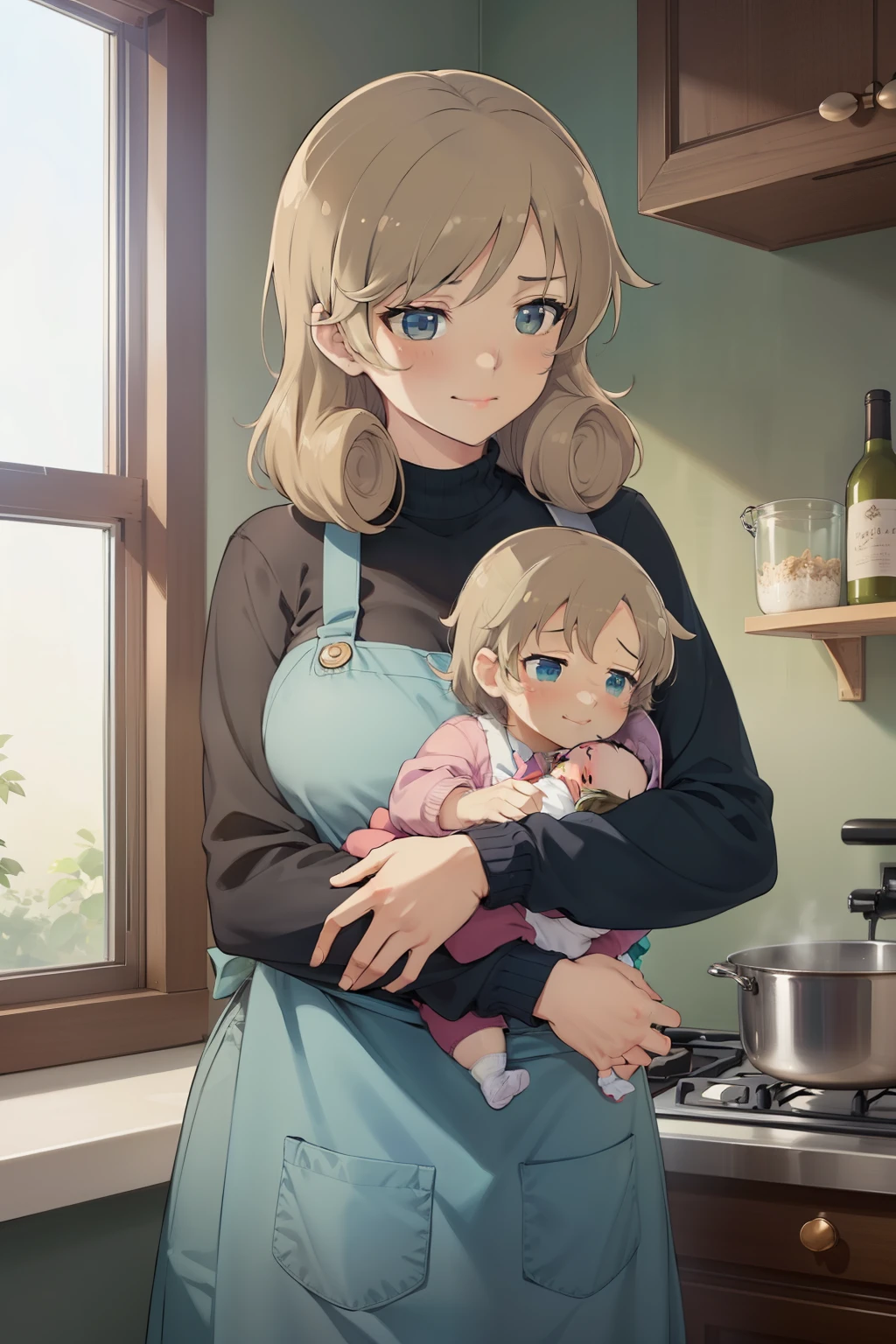 anime colored,haruka (senran kagura),sweater,apron,gigantic breasts,(Holding a baby:1.5),Smile,((house wife)),baby