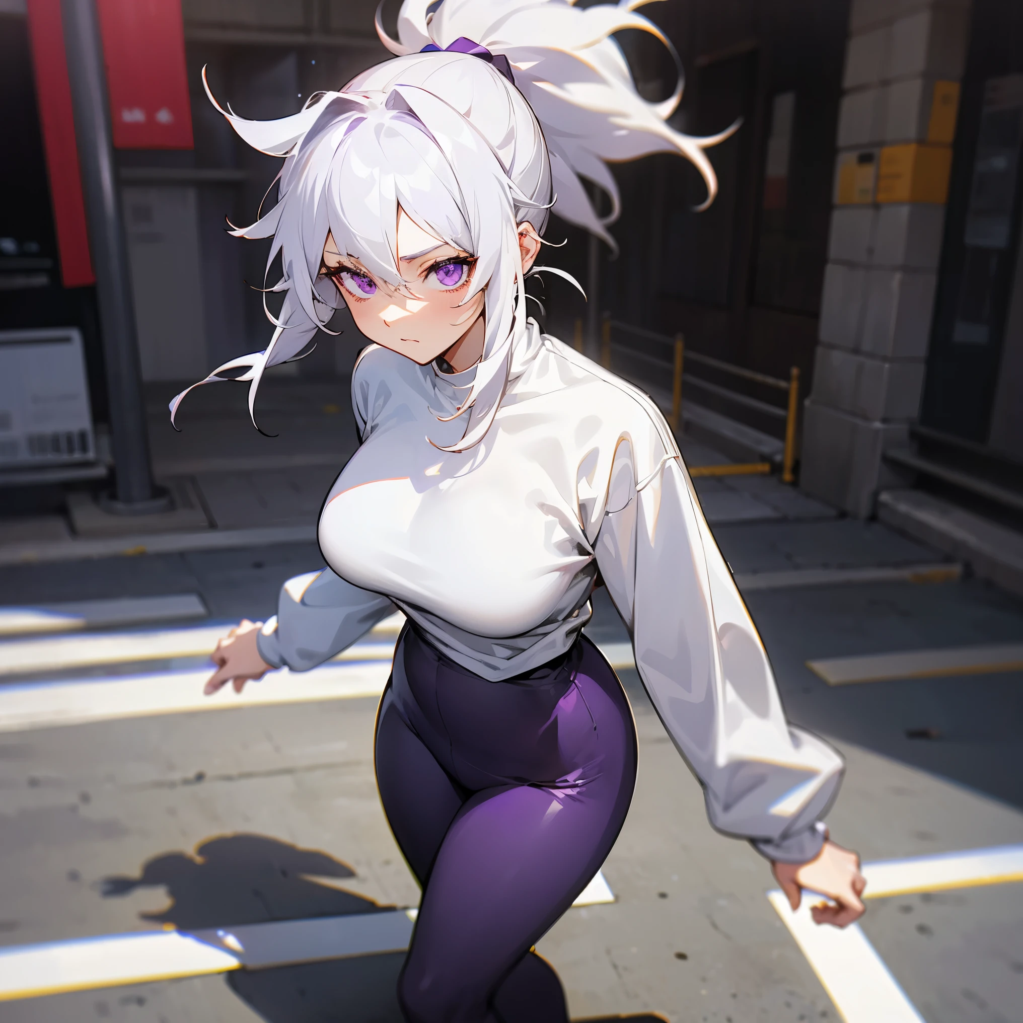 1female , Longsleeve White Shirt , Leggings , White Hair , Messy Hair , Ponytail , Leggings , Curvy , Blackish Purple Eyes , Standing on sidewalk , Serious Expression