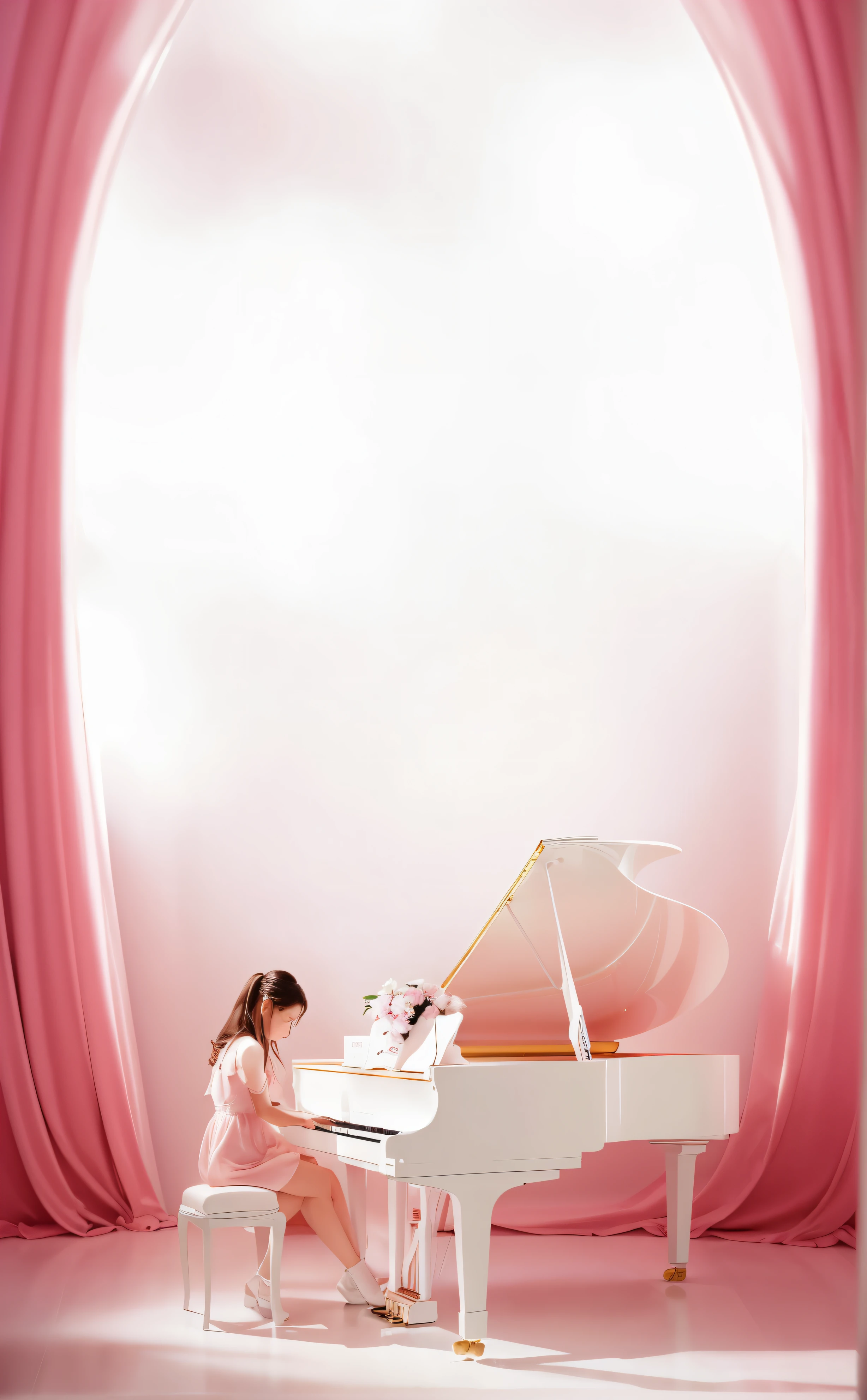 there is a young women sitting at a white piano in a pink room, masterful composition!!!, playing piano, dreamy atmosphere, piano家, piano in the background, stunning composition, Spectacular composition, Excellent composition, pink room brightly lit, Interesting composition, great composition, amazing composition, playful prose canon, Magnificent composition, beautiful composition, piano, charming composition, Award-winning works