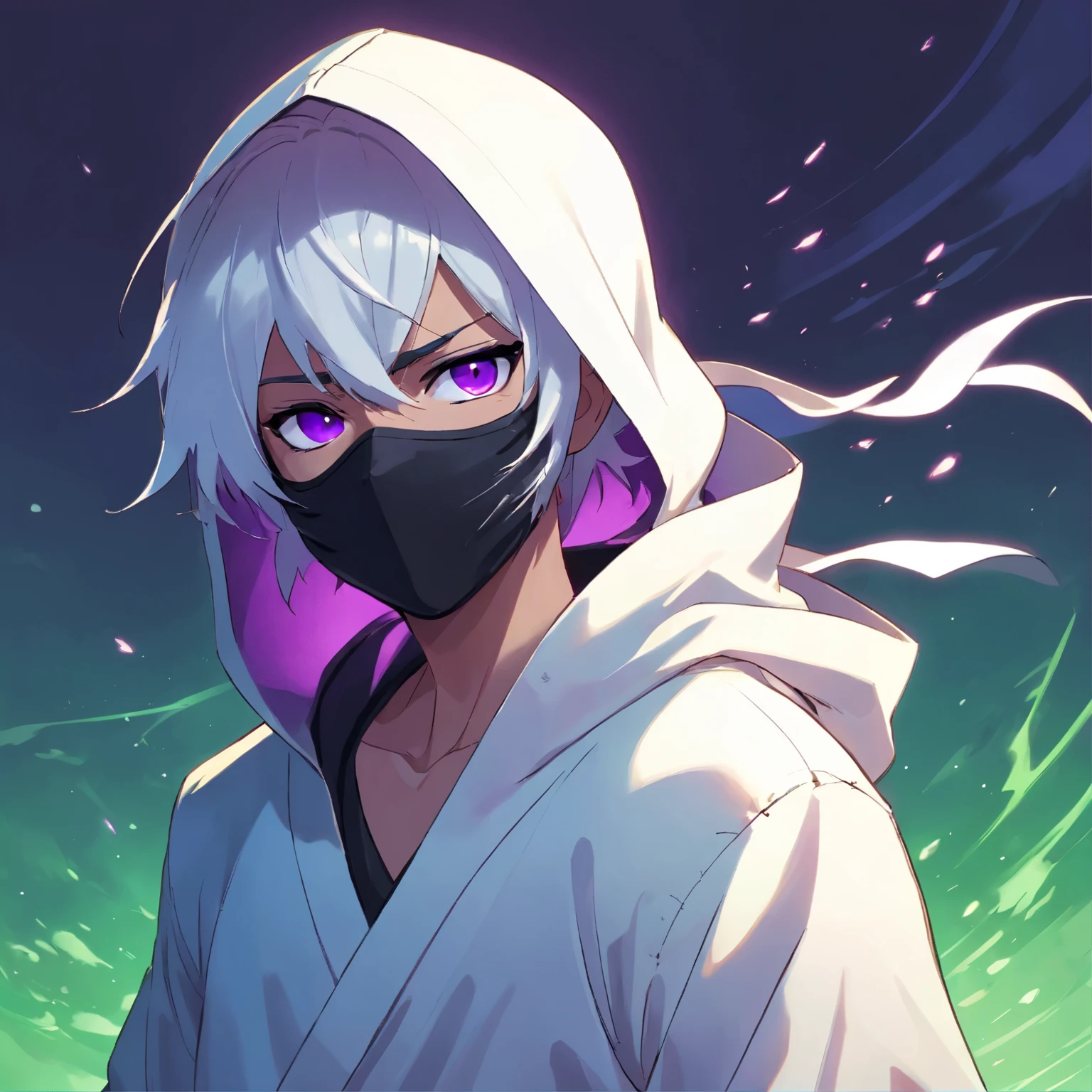 Ninja boy in white hood and black mask with white hair and purple eyes, fundo verde, quadrado, 9 poses, 9 fases, 9 expressions, 9 emotions, 9 quadros