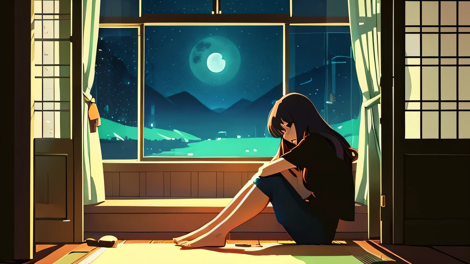 lonely,woman, midnight,A relaxing room, nostalgic, 2D anime style, i will fix it, HD