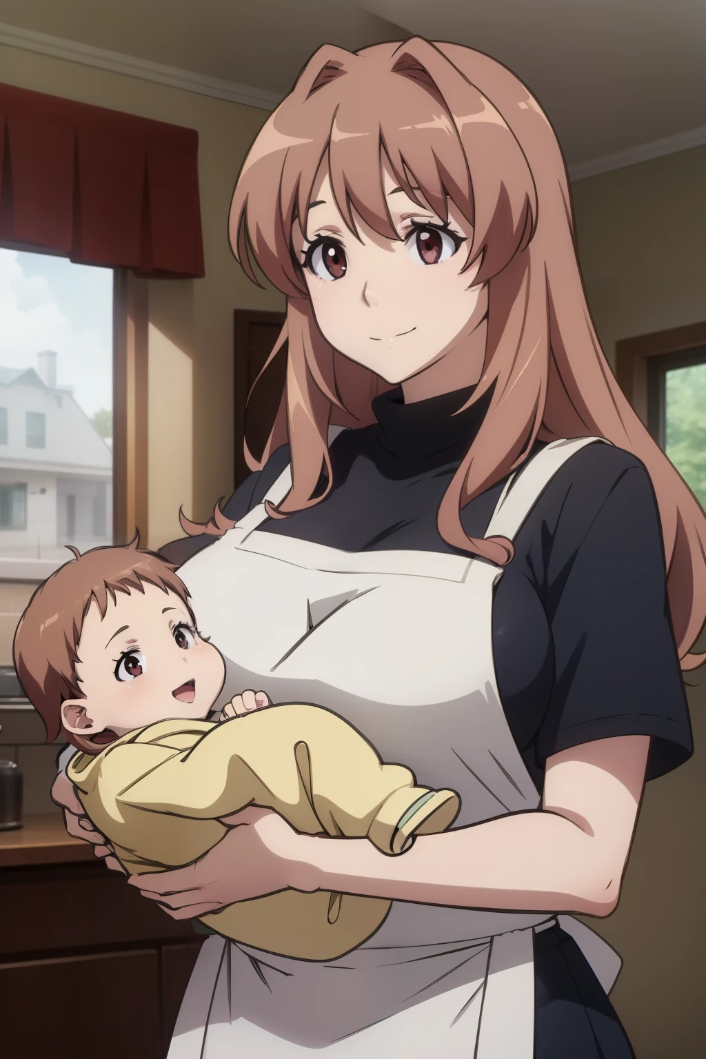 anime colored,koumi haruka rw,brown eyes, brown hair, long hair,sweater,apron,gigantic breasts,(Holding a :1.5),Smile,((house wife)),baby