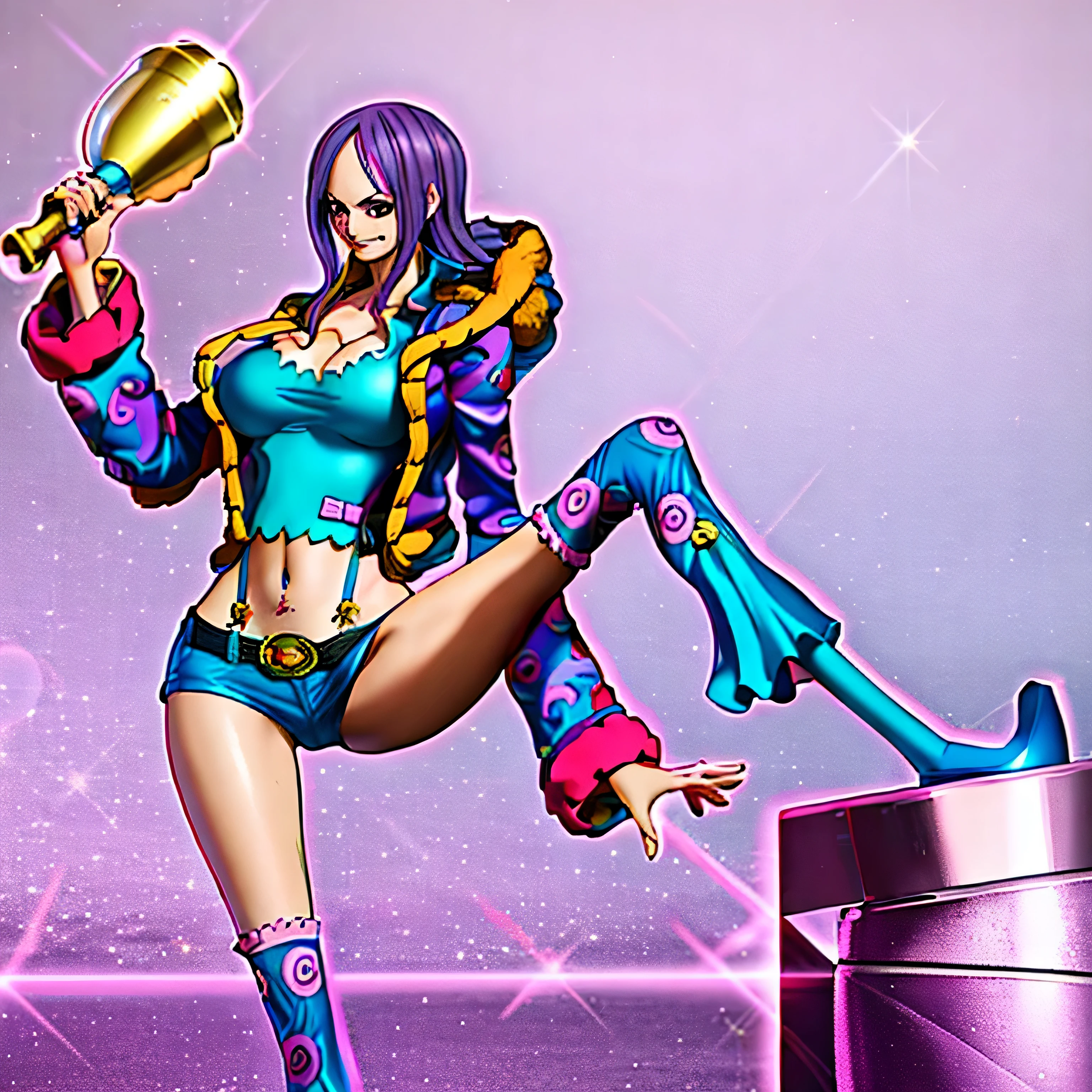anime girl with purple hair and boots holding a knife and a bottle, from one piece, nami from one piece, nami one piece, nico robin, full colored, highly detailed exquisite fanart, nami, one piece, marin kitagawa fanart, yayoi kasuma, hd illustration, inked and colored, art nouveaux colored, badass pose
