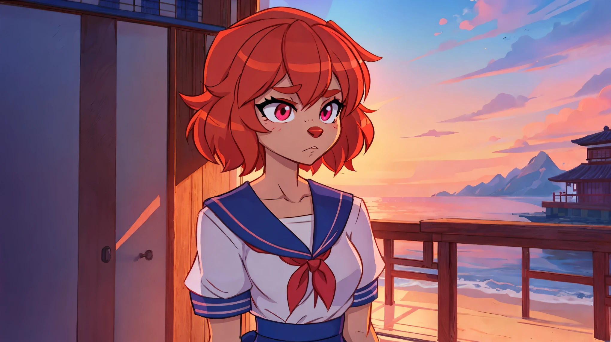 Skye as a character of Yandere Simulator, female cockapoo, floppy cockapoo ears, short orange red hair, magenta eyes, anthro, furry, tall, teenager-adult build, huge build, wearing a japanese sailor school girl outfit, standing, serious, neutral expression, extremely detailed, solo, beautiful, high quality, 4K, 8K, HDR