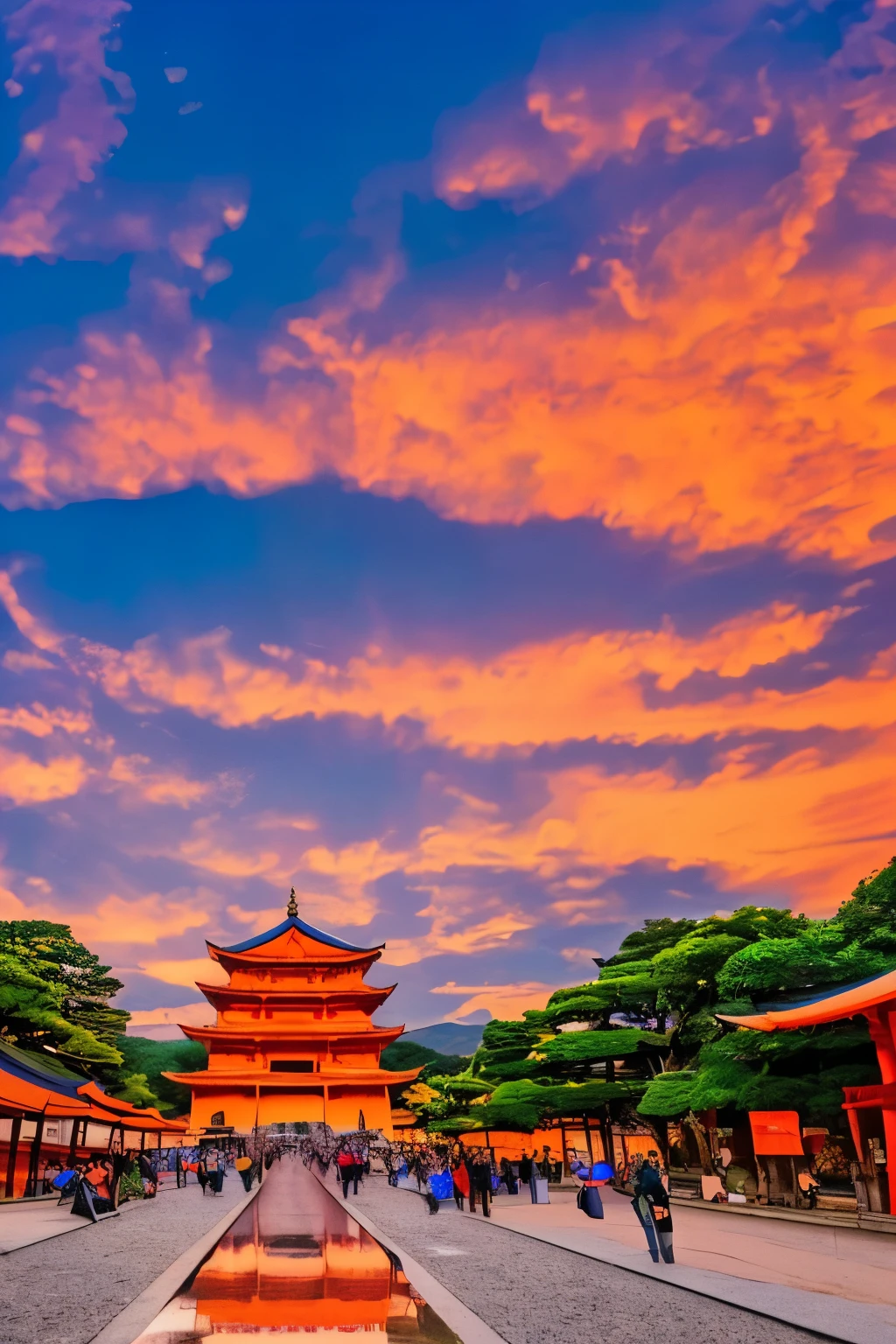 best quality, scenery of ancient capitals like Kyoto and Kamakura in Japan, (sunset sky dyed orange and red:1.4), sunlight shining through the gaps in the clouds, cobblestones, after the rain, ancient city at sunset