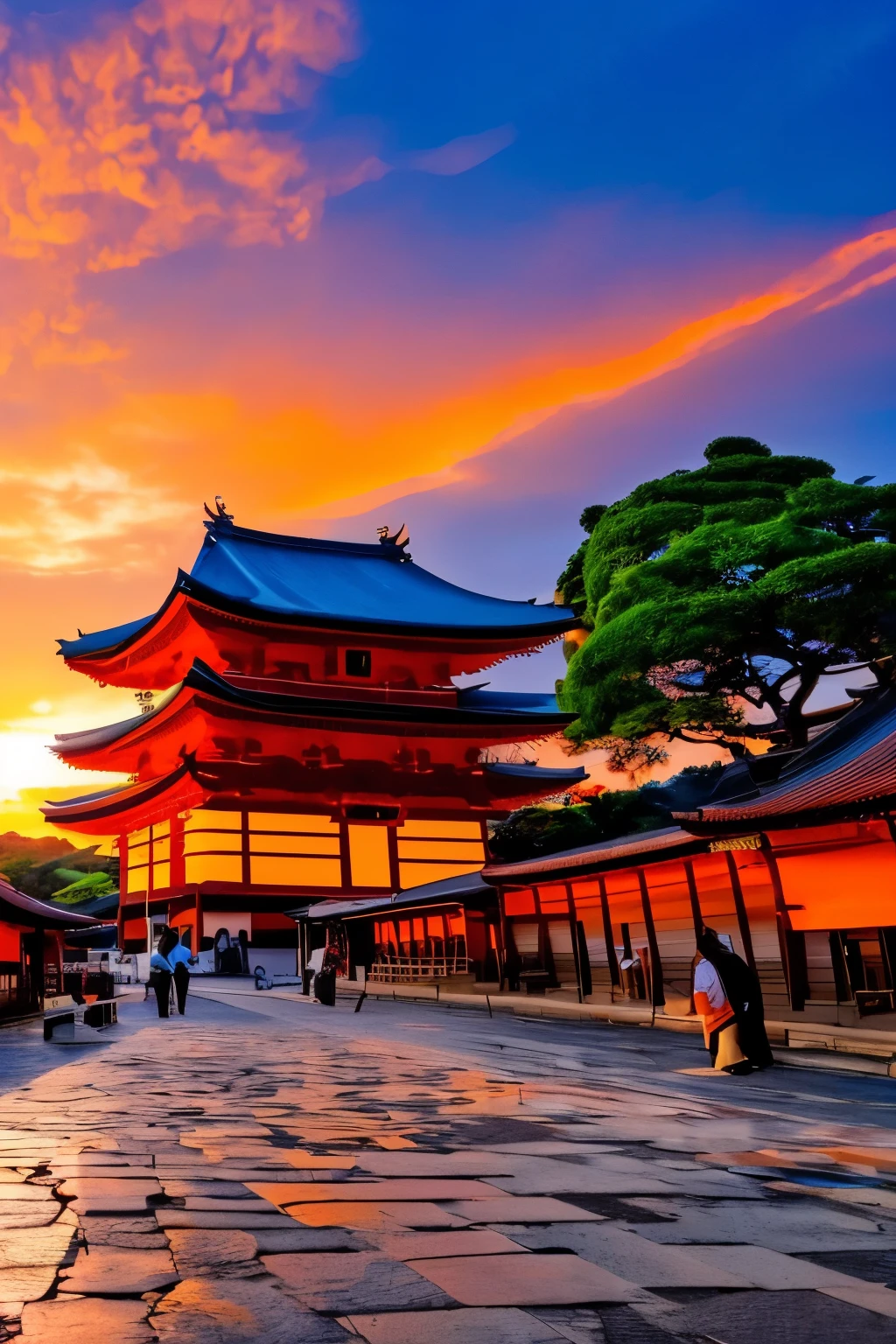 best quality, scenery of ancient capitals like Kyoto and Kamakura in Japan, (sunset sky dyed orange and red:1.4), sunlight shining through the gaps in the clouds, cobblestones, after the rain, ancient city at sunset