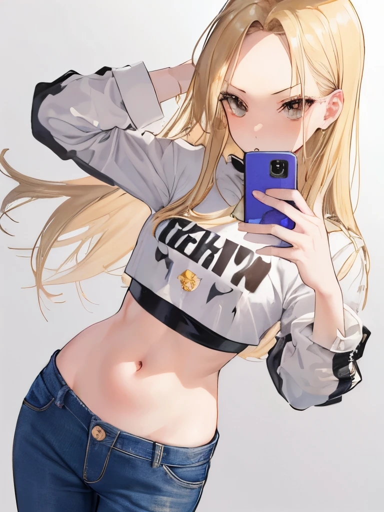 1 blonde girl, large forehead, Front View, Composition from head to thigh, slender, flat chest, white background, punk crop top, fresh, jeans, fashion, brown eyes, straight hair, confident, baddie, rebel, punk, fierce, selfie, selfie pose, profile picture