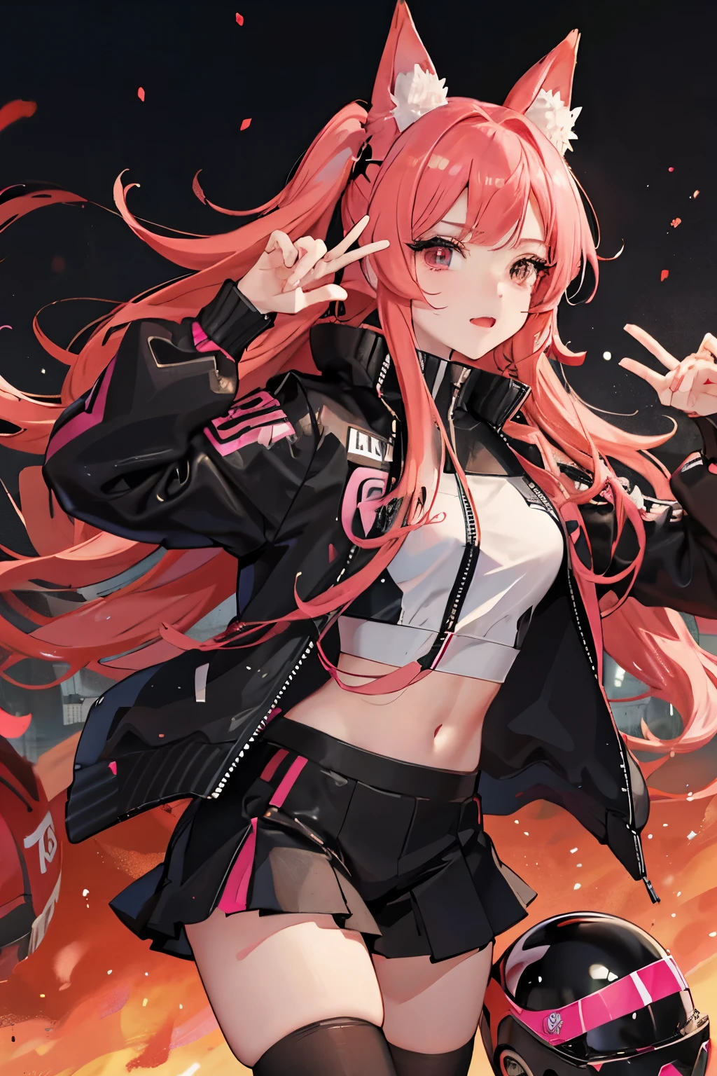 score_9, score_8_up, score_7_up, score_6_up, score_5_up, score_4_up, rating_explicit, ginger anime girl with a black and pink racing jacket holding a racing helmet, anime style