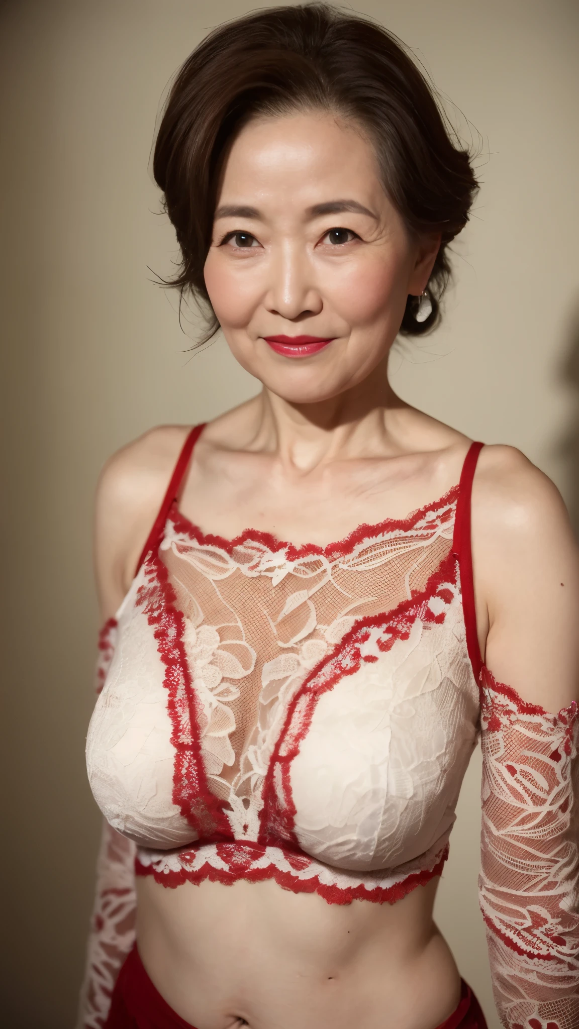 Remove the background, gravure, describe the lips correctly, red lipstick, from the chest up, In underwear, AS-Elderly,Mature Woman, Fancy face, highest quality, Super high quality, realistic, super dense skin, perfect description, (1 Japanese mature woman), (erotic), 100 years old, big breasts, Bewitching, Glamour, sexy, pure white skin, looking at the viewer,