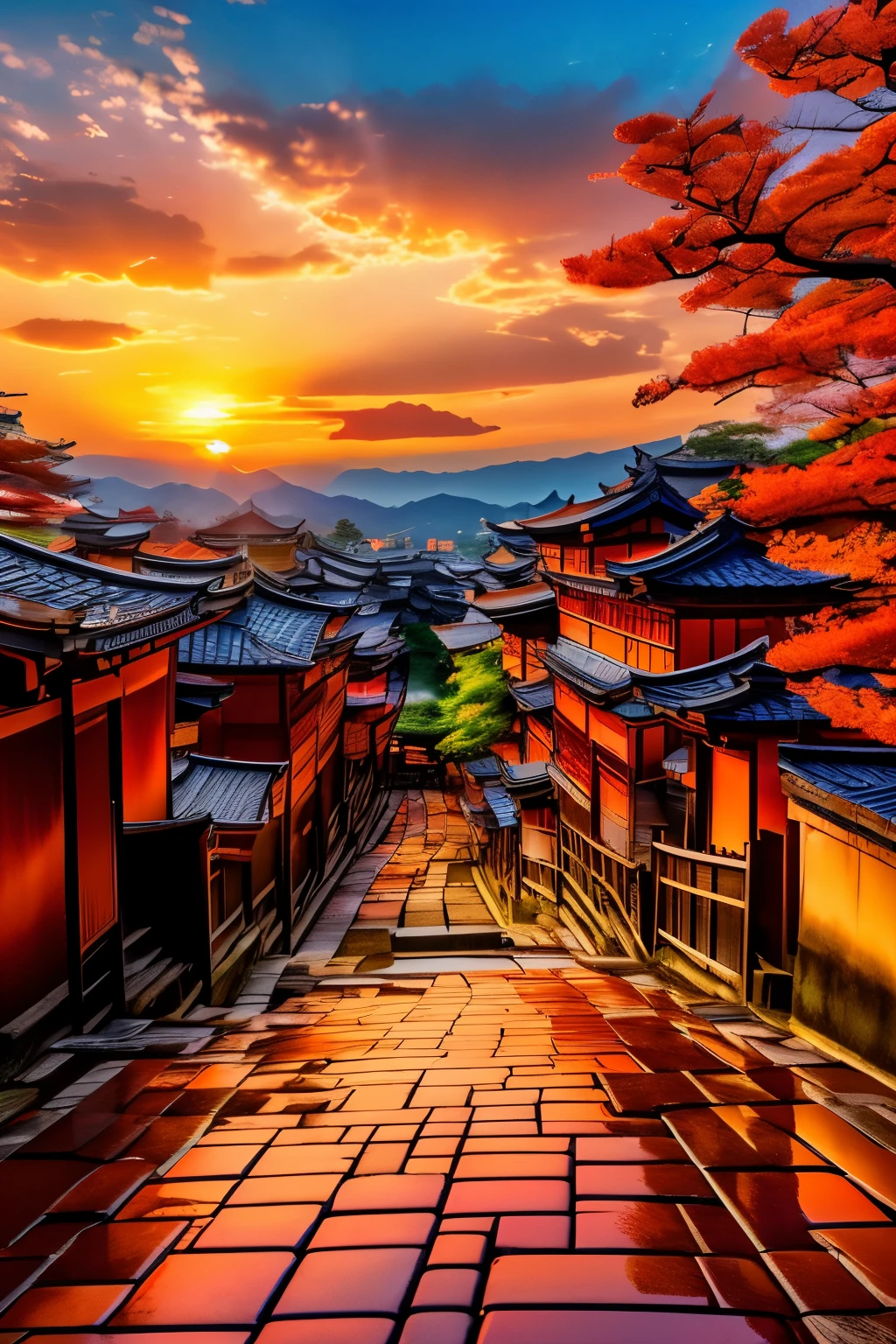 best quality, scenery of ancient capitals like Kyoto and Kamakura in Japan, (sunset sky dyed orange and red:1.4), sunlight shining through the gaps in the clouds, cobblestones, after the rain, ancient city at sunset