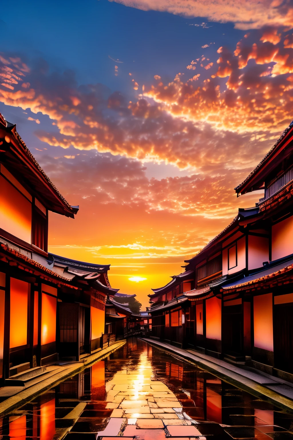 best quality, scenery of ancient capitals like Kyoto and Kamakura in Japan, (sunset sky dyed orange and red:1.4), sunlight shining through the gaps in the clouds, cobblestones, after the rain, ancient city at sunset