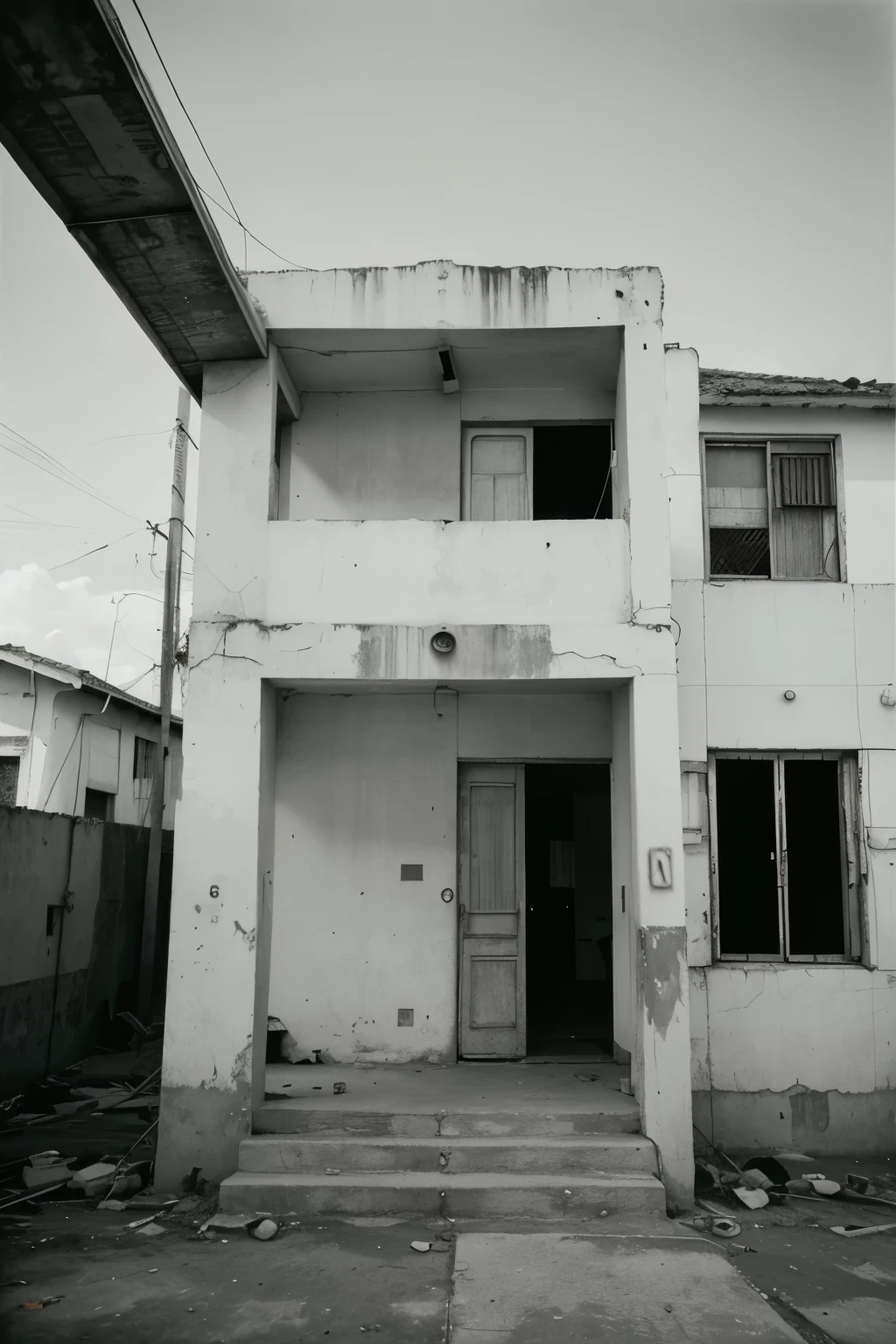 B&W analogue photography Brazilian architecture from the 60s of a small abandoned residential building in a small town