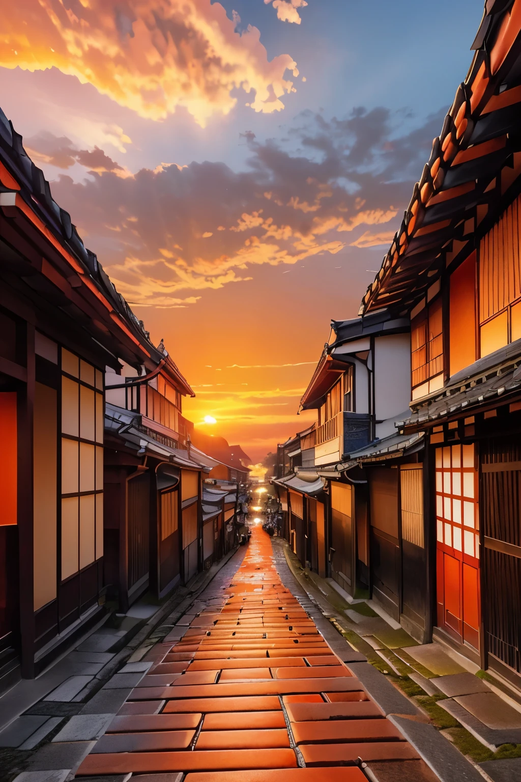 best quality, scenery of ancient capitals like Kyoto and Kamakura in Japan, (sunset sky dyed orange and red:1.4), sunlight shining through the gaps in the clouds, cobblestones, after the rain, ancient city at sunset
