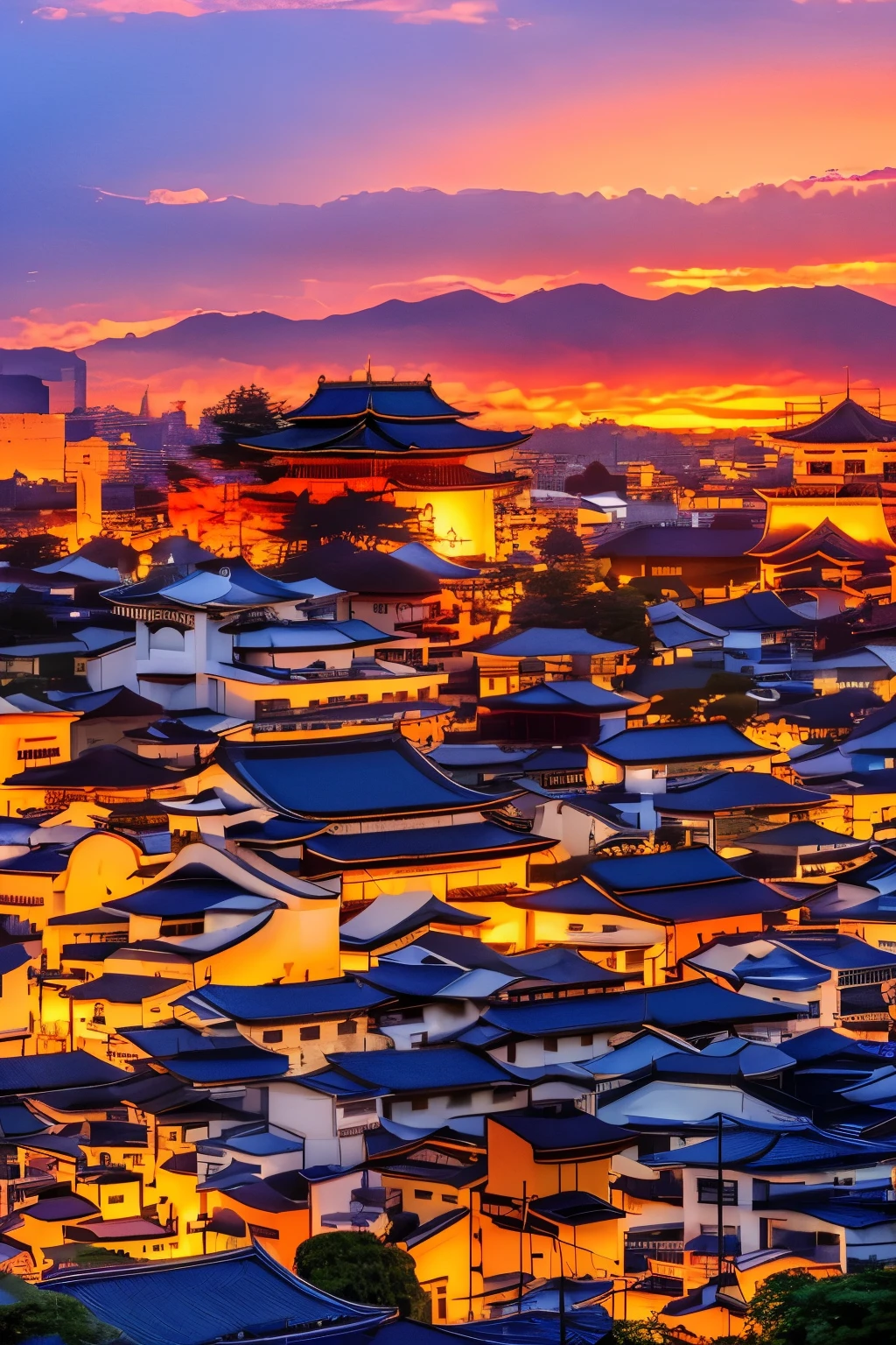 best quality, scenery of ancient capitals like Kyoto and Kamakura in Japan, (sunset sky dyed orange and red:1.4), sunlight shining through the gaps in the clouds, cobblestones, after the rain, ancient city at sunset