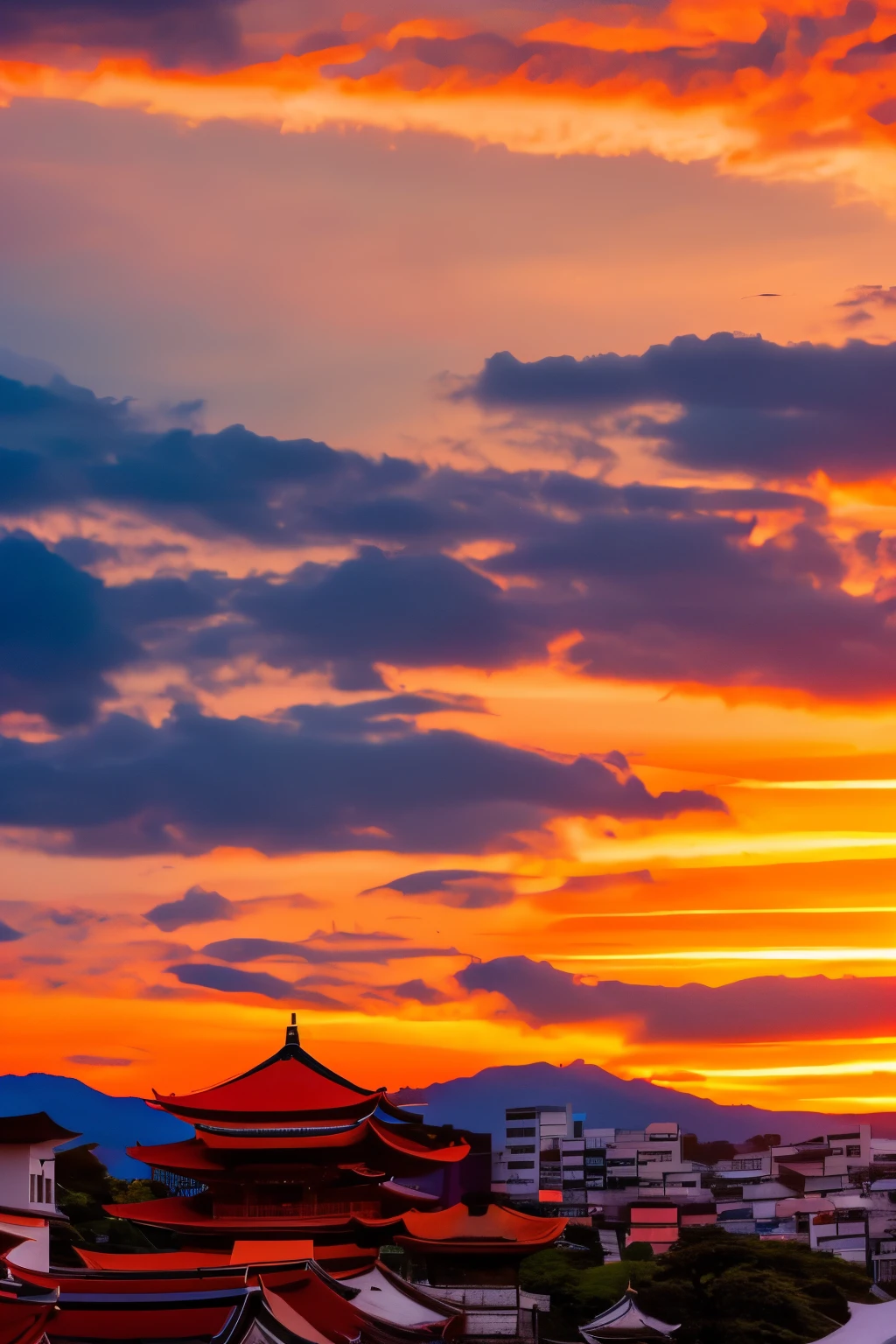 best quality, scenery of ancient capitals like Kyoto and Kamakura in Japan, (sunset sky dyed orange and red:1.4), sunlight shining through the gaps in the clouds, cobblestones, after the rain, ancient city at sunset