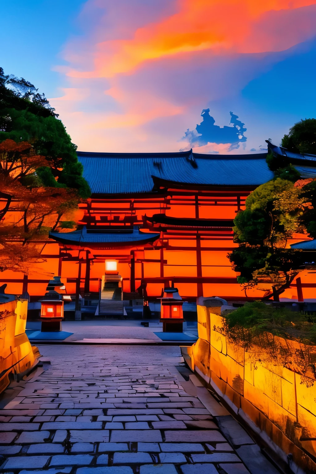 best quality, scenery of ancient capitals like Kyoto and Kamakura in Japan, (sunset sky dyed orange and red:1.4), sunlight shining through the gaps in the clouds, cobblestones, after the rain, ancient city at sunset