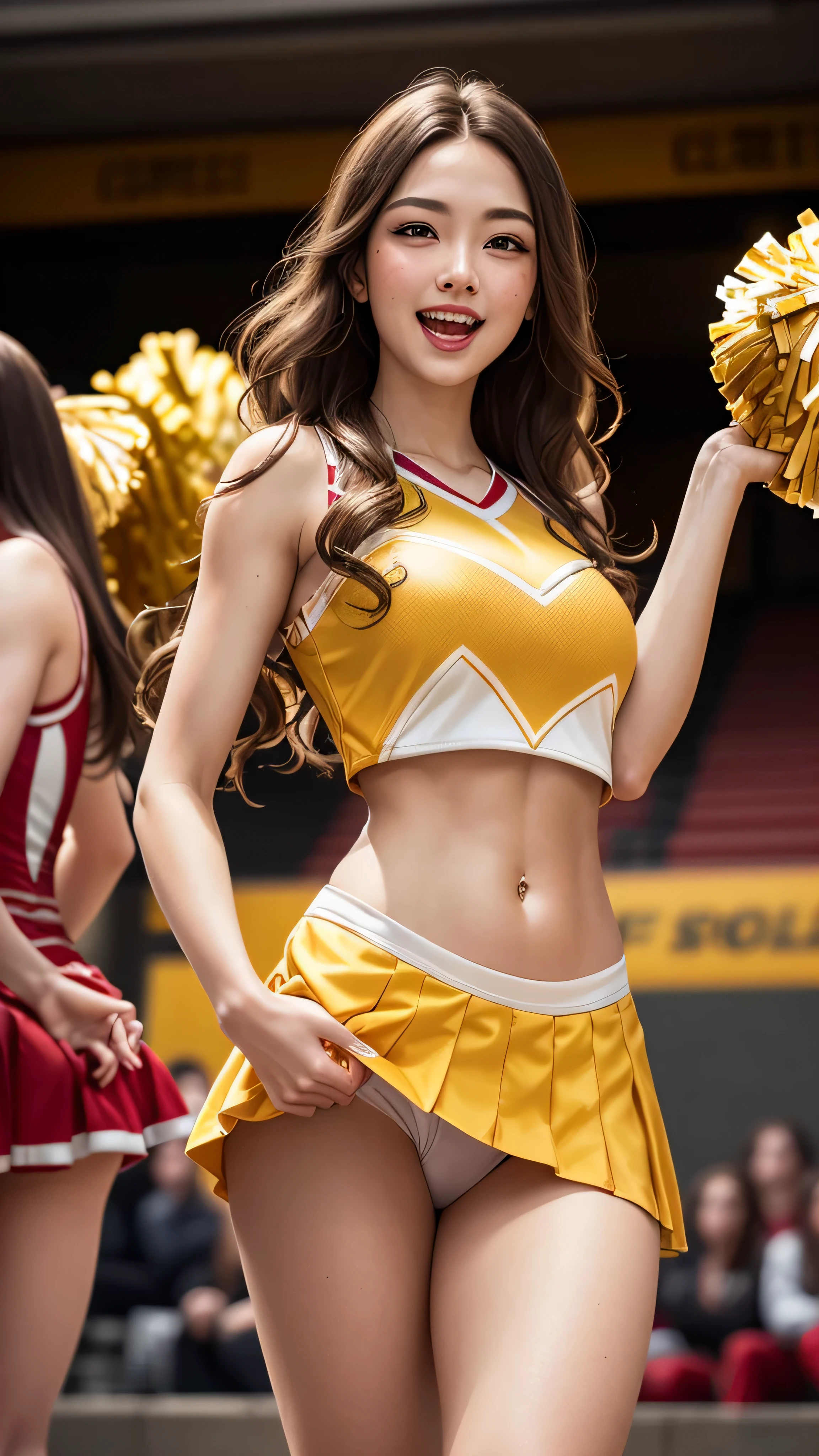 ((best quality: 1.5)) ((masterpiece: 0.8)), intricate details, sharp focus, professional, real life, realistic representation of the face, golden hour, bright glow, dynamic pose, in the style of realistic and hyper detailed renderings BREAK (((detailed 35year athletic mistress, medium breasts, pokies, red lips, Makeup: 1.4, (((((cheer dress lift by myself, upskirt))), pretty cameltoe, abdominal muscles, blonde curly hair, laughing)))), freckles: 0.8), photorealistic, hyper-realistic, 8K