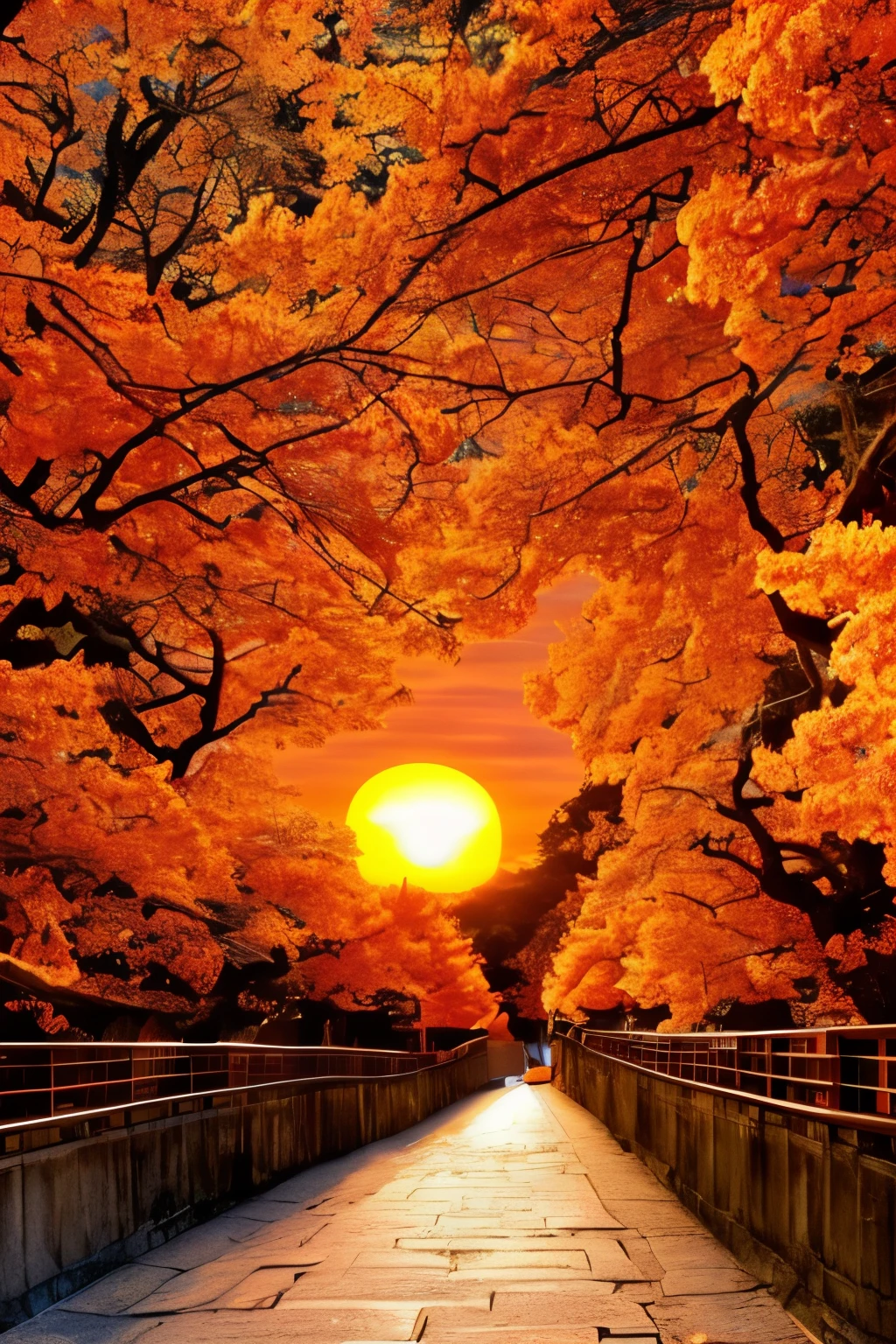 best quality, scenery of ancient capitals like Kyoto and Kamakura in Japan, (sunset sky dyed orange and red:1.4), sunlight shining through the gaps in the clouds, cobblestones, after the rain, ancient city at sunset